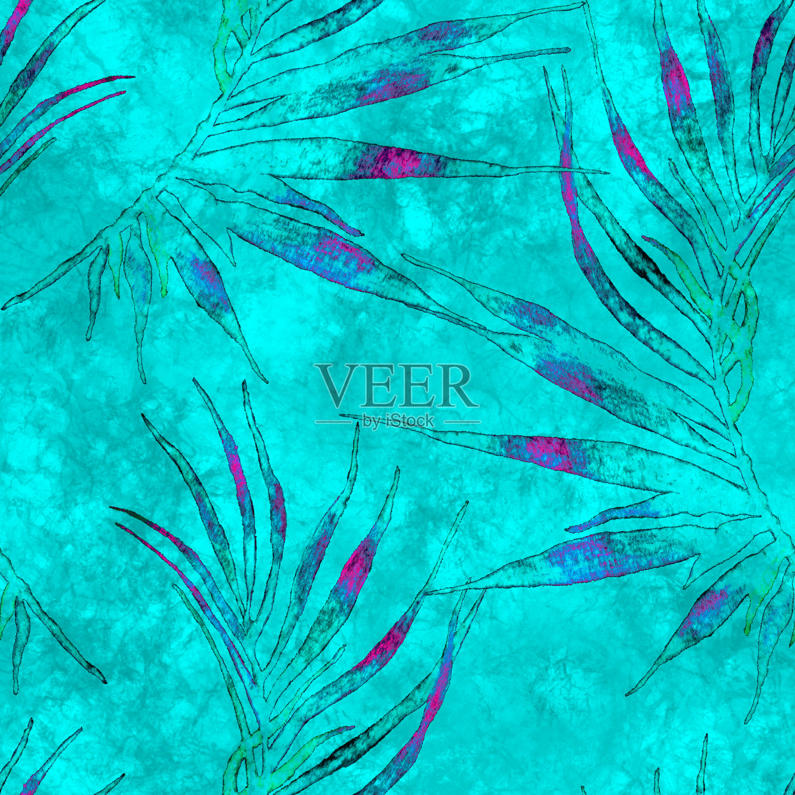 热带无缝模式。水彩弯曲手掌插画图片素材