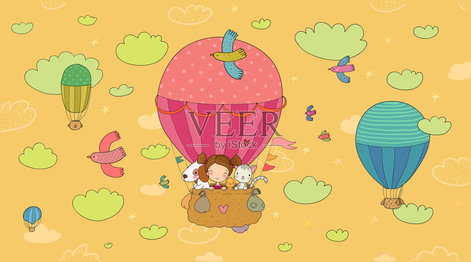 可爱的卡通女孩和她的朋友们正在气球里飞行。小公主，小鸡，猫和小狗。向量插画图片素材