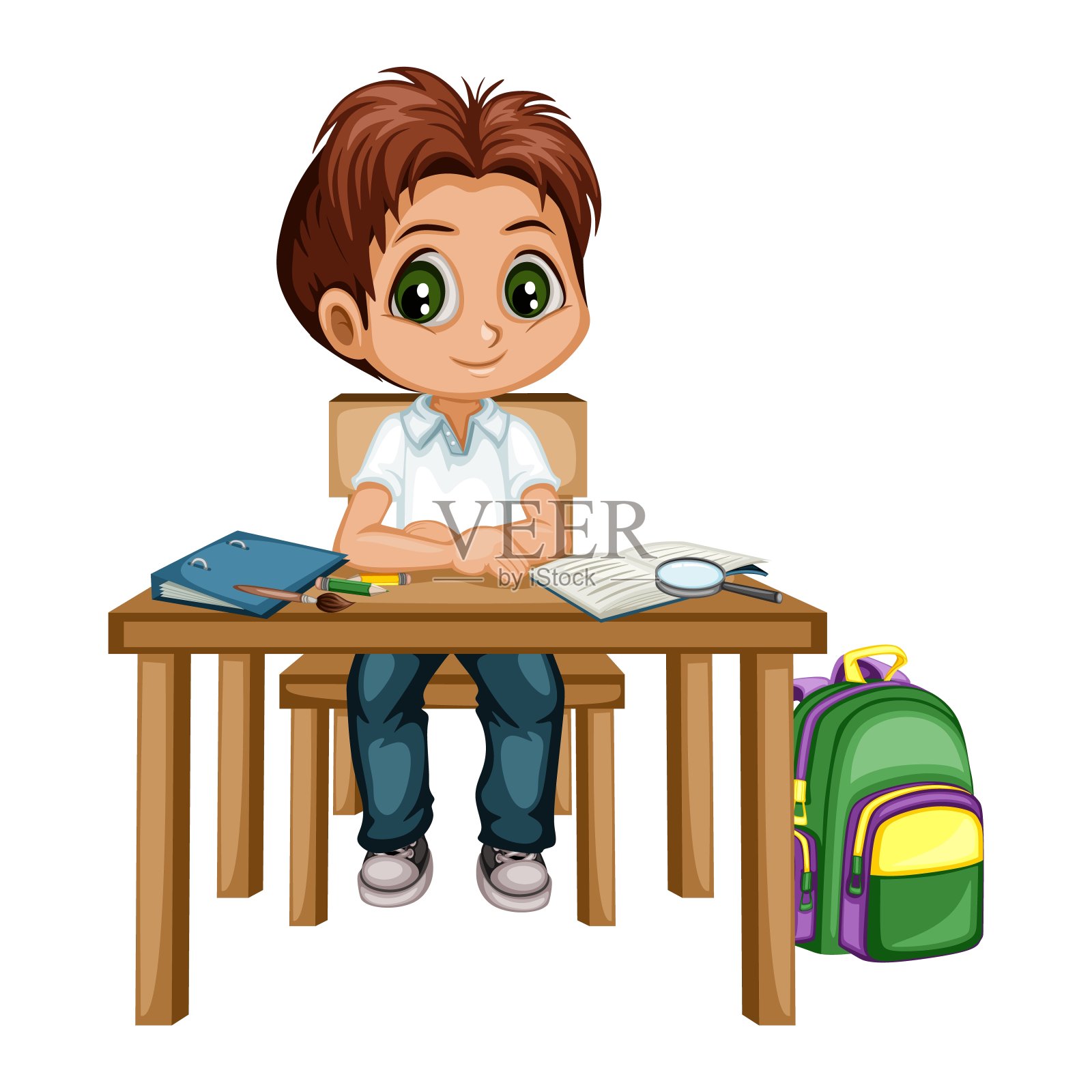 男孩坐课桌学校插画图片素材