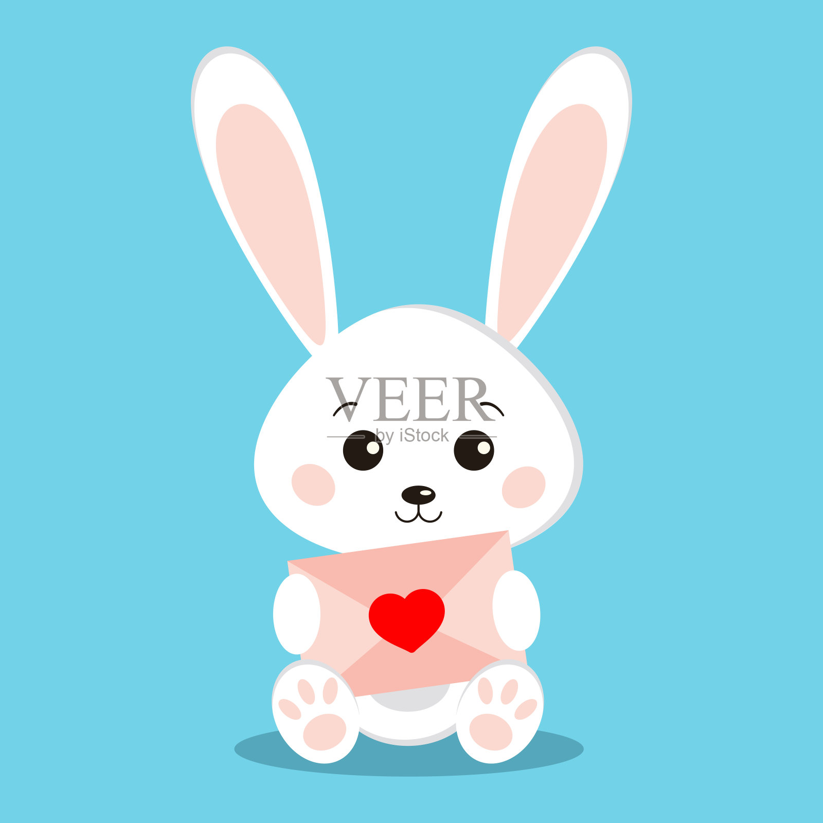 孤立甜蜜可爱的小白兔在坐的姿势与粉红色的字母设计元素图片