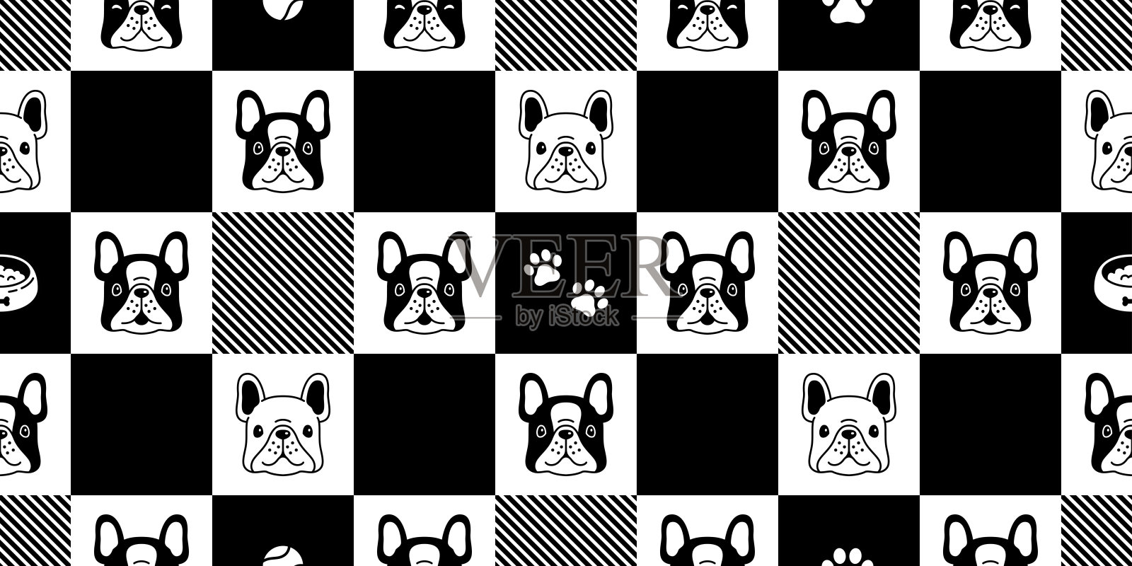 狗无缝模式法国斗牛犬格子矢量卡通围巾孤立重复墙纸瓷砖背景涂鸦插图设计插画图片素材
