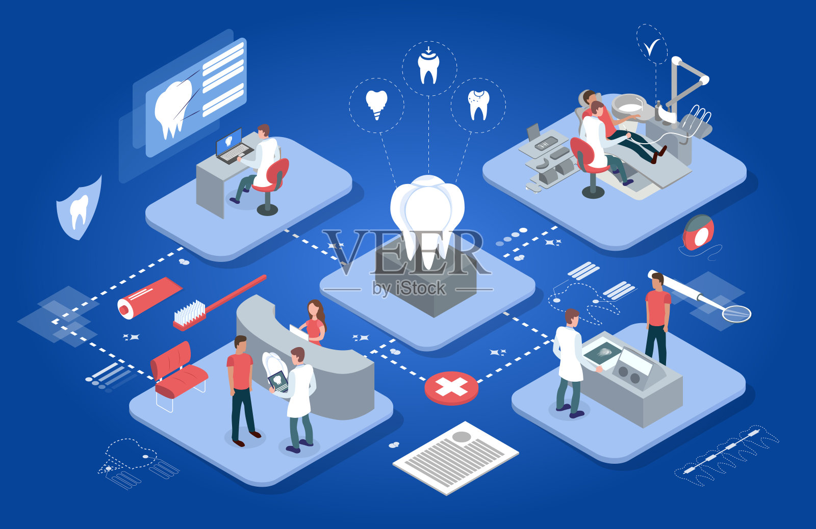 牙科等距模板与不同阶段的医疗保健在口腔医学上的蓝色背景孤立矢量插图。插画图片素材