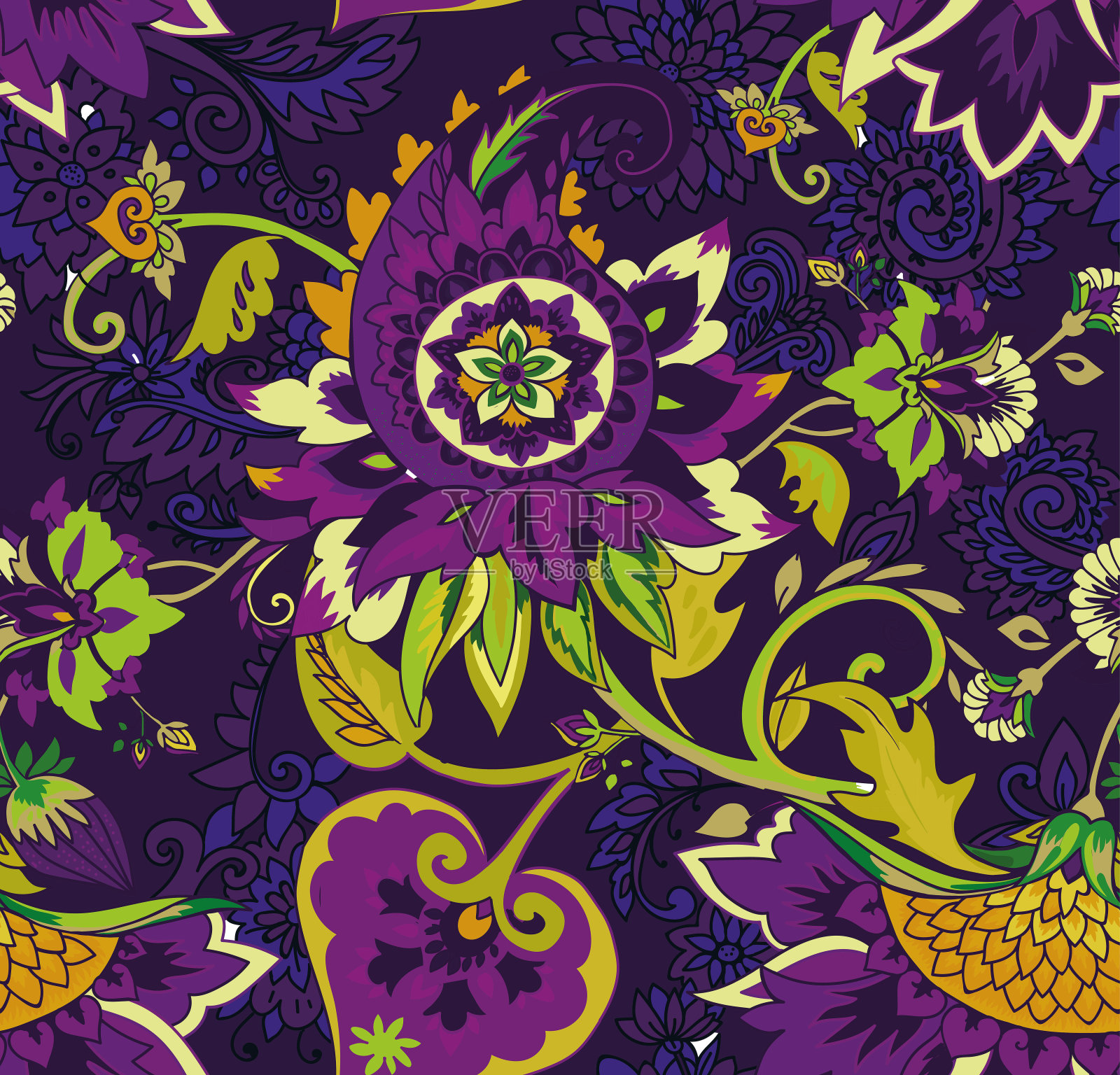 佩斯利。无缝纺织花卉图案与东方涡纹装饰。插画图片素材