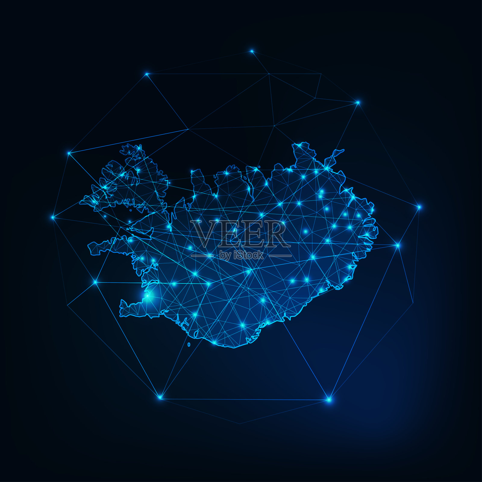 冰岛地图发光的轮廓由星星线条点三角形，低多边形形状。插画图片素材