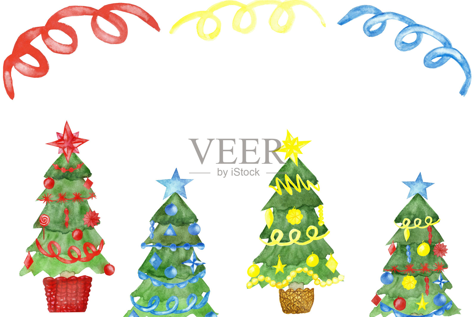 水彩手画新年组成与绿色圣诞不同的树黄色，红色和蓝色的花环和星星设置插画图片素材