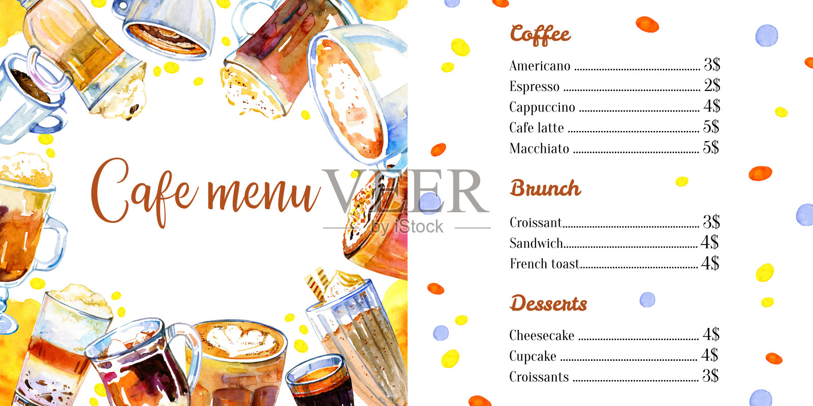 咖啡馆菜单设计模板与列表的饮料。水彩手绘素描插图与眼镜和杯子插画图片素材
