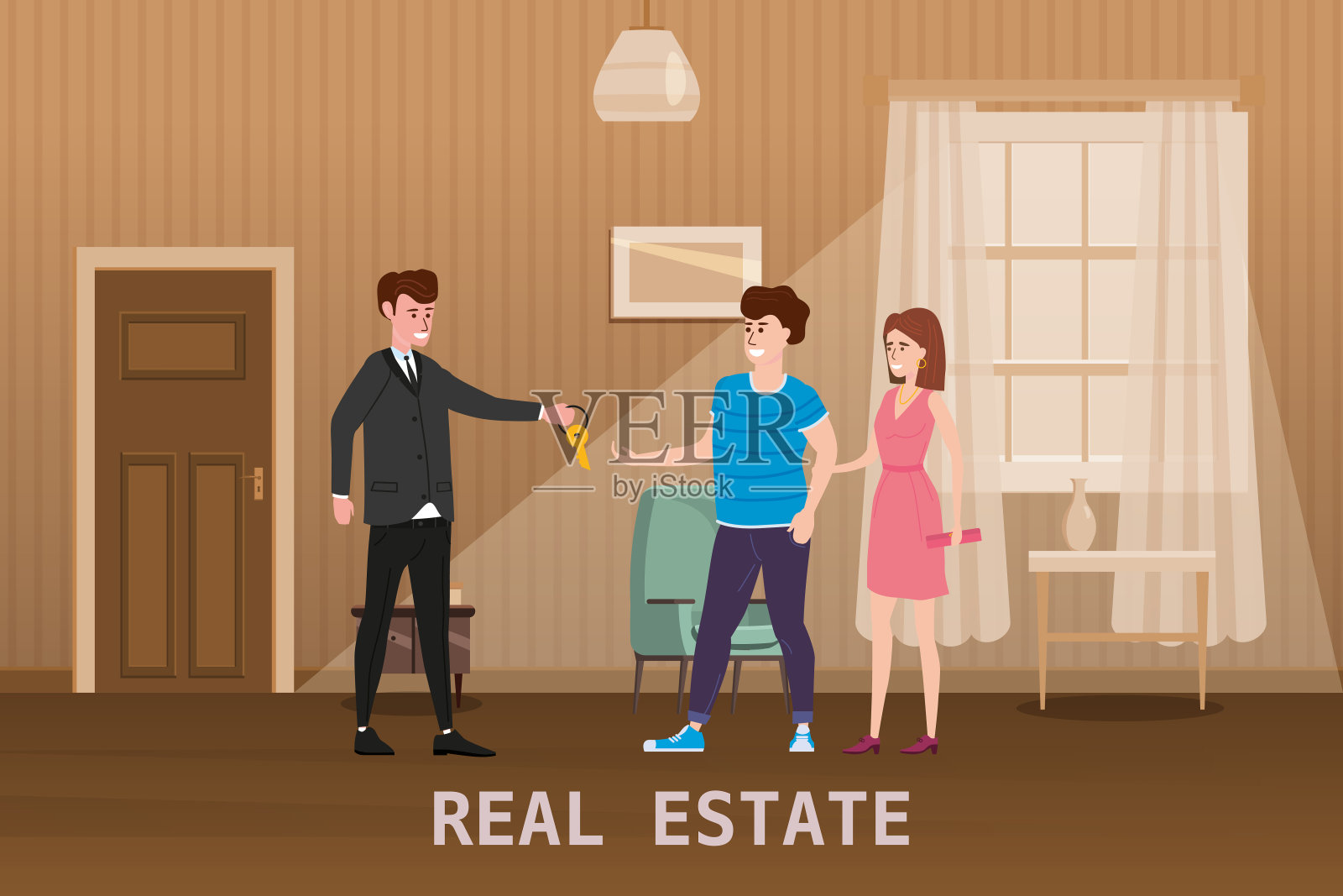 年轻幸福的夫妇接受。房地产的概念。出售或租赁新房服务。现代家庭人物购买新房或大公寓。内部新的住房。房地产经纪人给来自新家的家人钥匙。代理服务。矢量平面插图插画图片素材