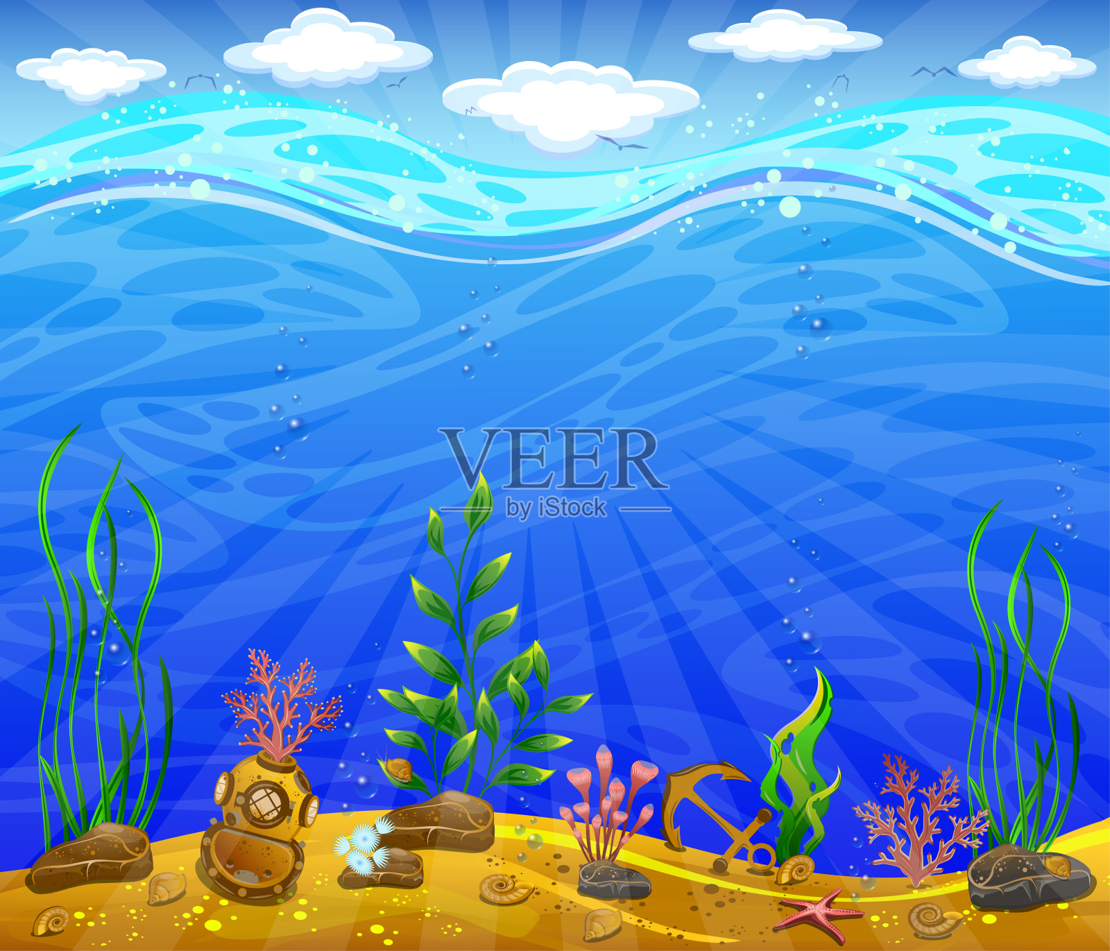 水下世界。海底，植物，锚，水下头盔插画图片素材