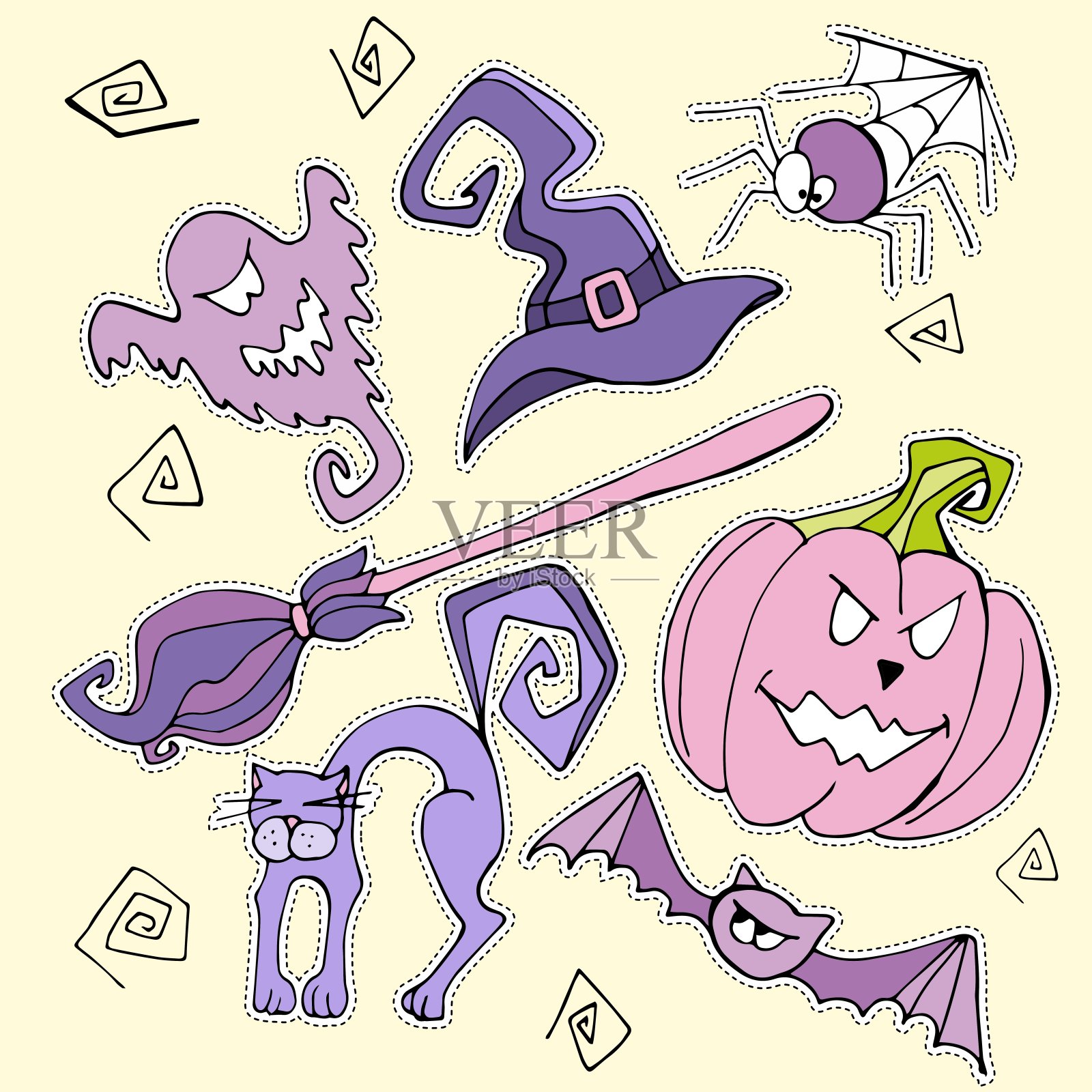 手绘万圣节套装贴纸，卡通符号南瓜，扫帚，蜘蛛，蝙蝠，猫，女巫帽，幽灵，演员插画图片素材