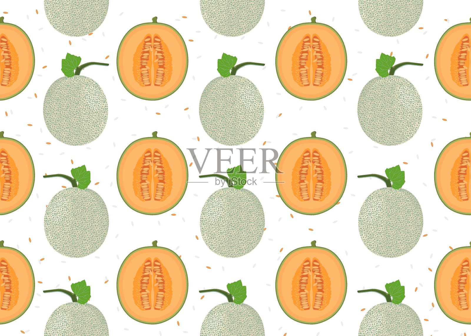 甜瓜整体和半无缝花纹上白底带籽，鲜哈密瓜花纹花纹背景，果实矢量插图。插画图片素材