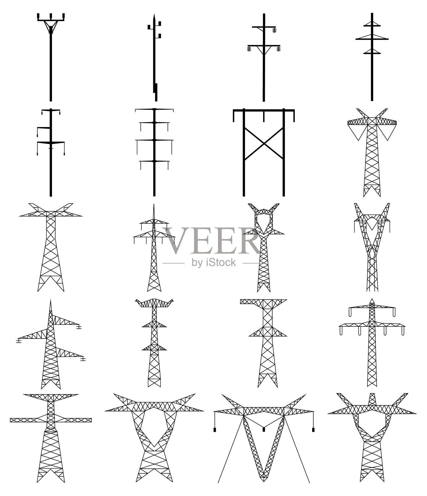 一套电气塔线图标。高压电塔。设计元素图片