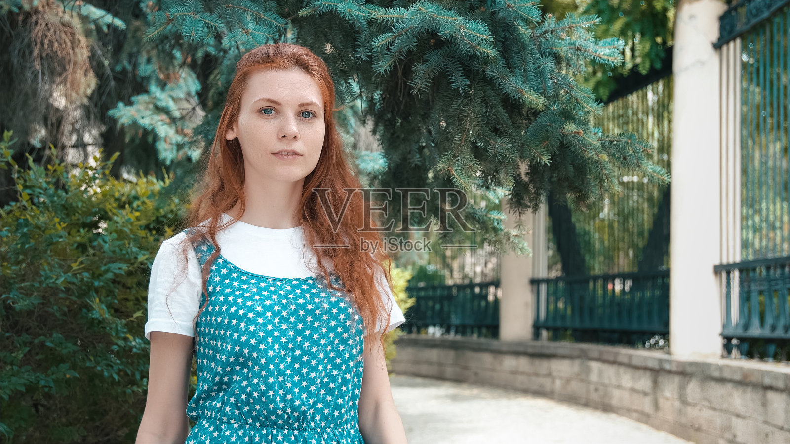 可爱的红发女孩在针叶林公园。照片摄影图片