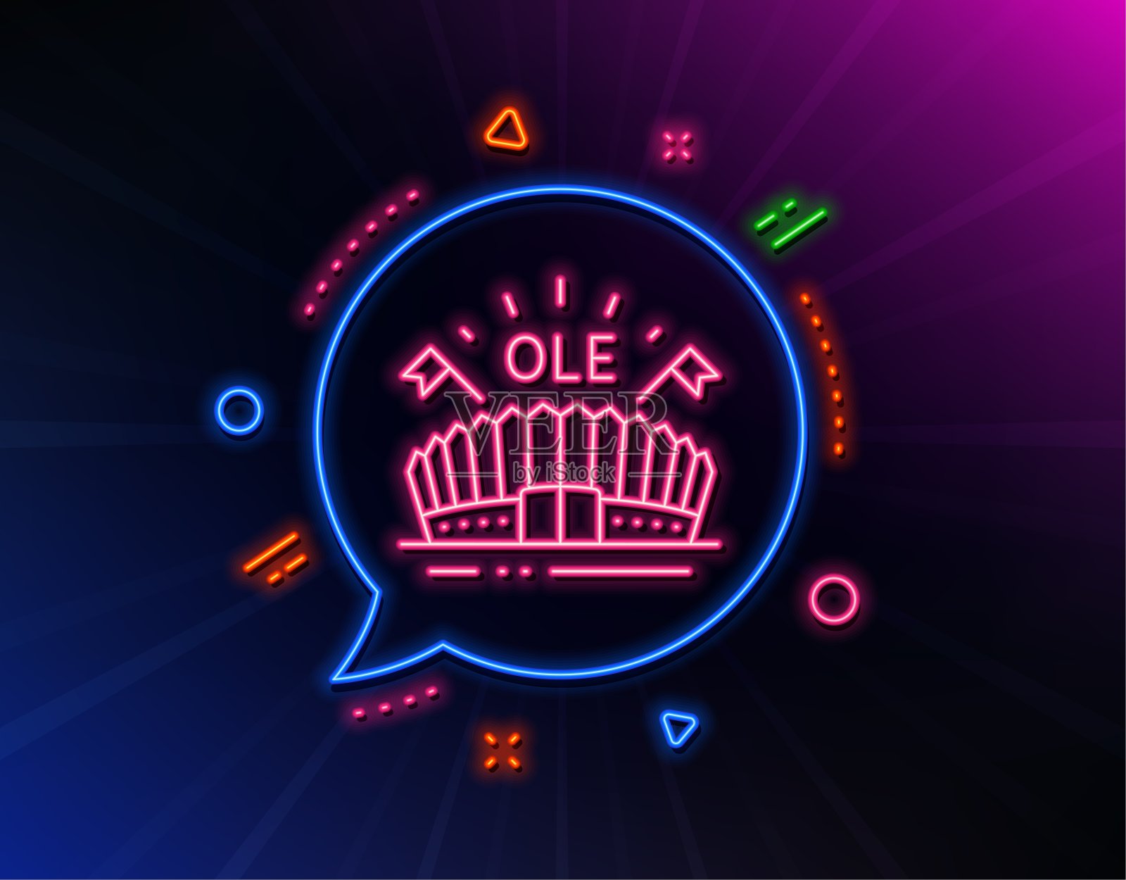 体育竞技场线图标。带有旗帜标志的体育场。运动复杂。向量设计模板素材