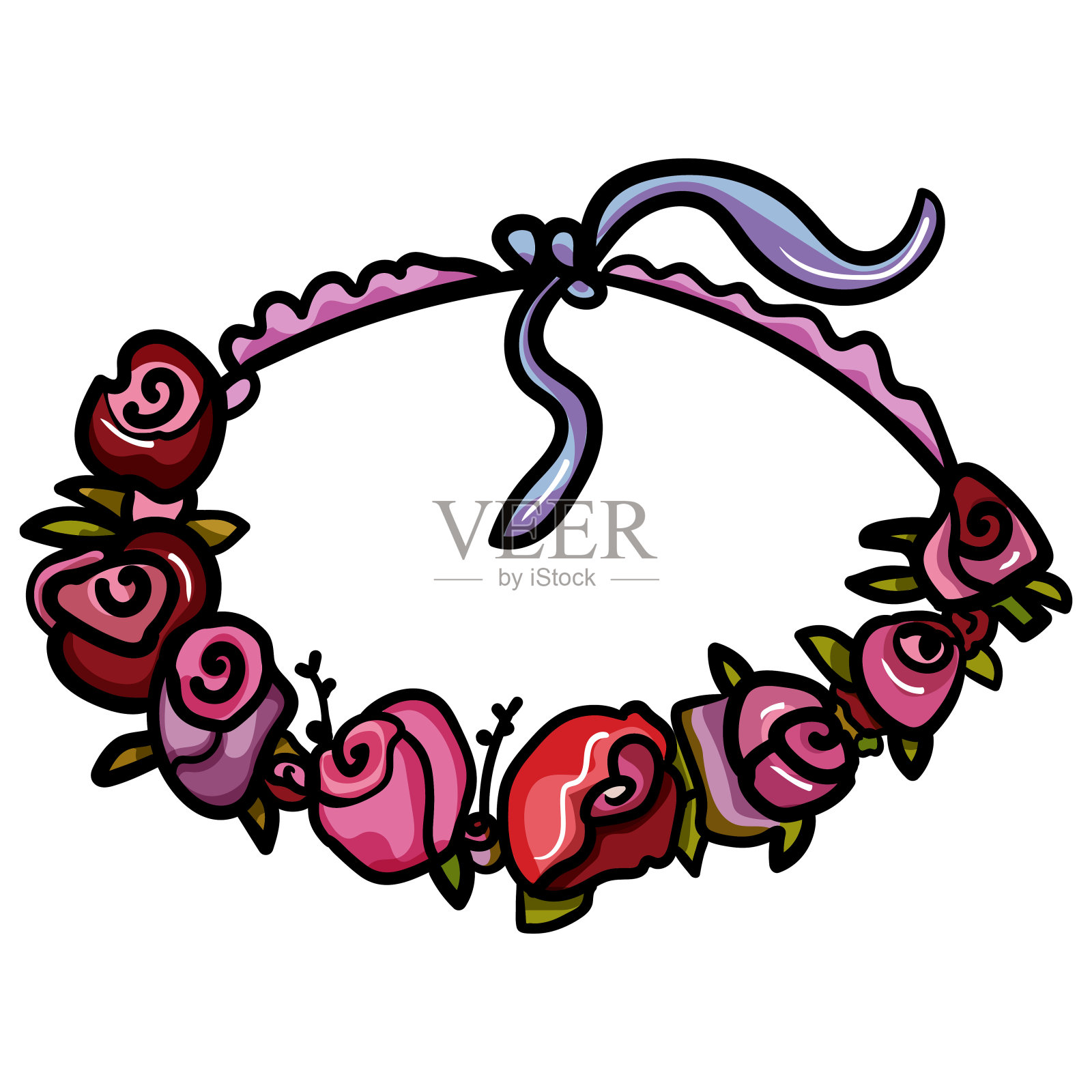 婚礼花环玫瑰矢。美丽的红花花环。装饰花的叶子。——矢量插图。设计元素图片