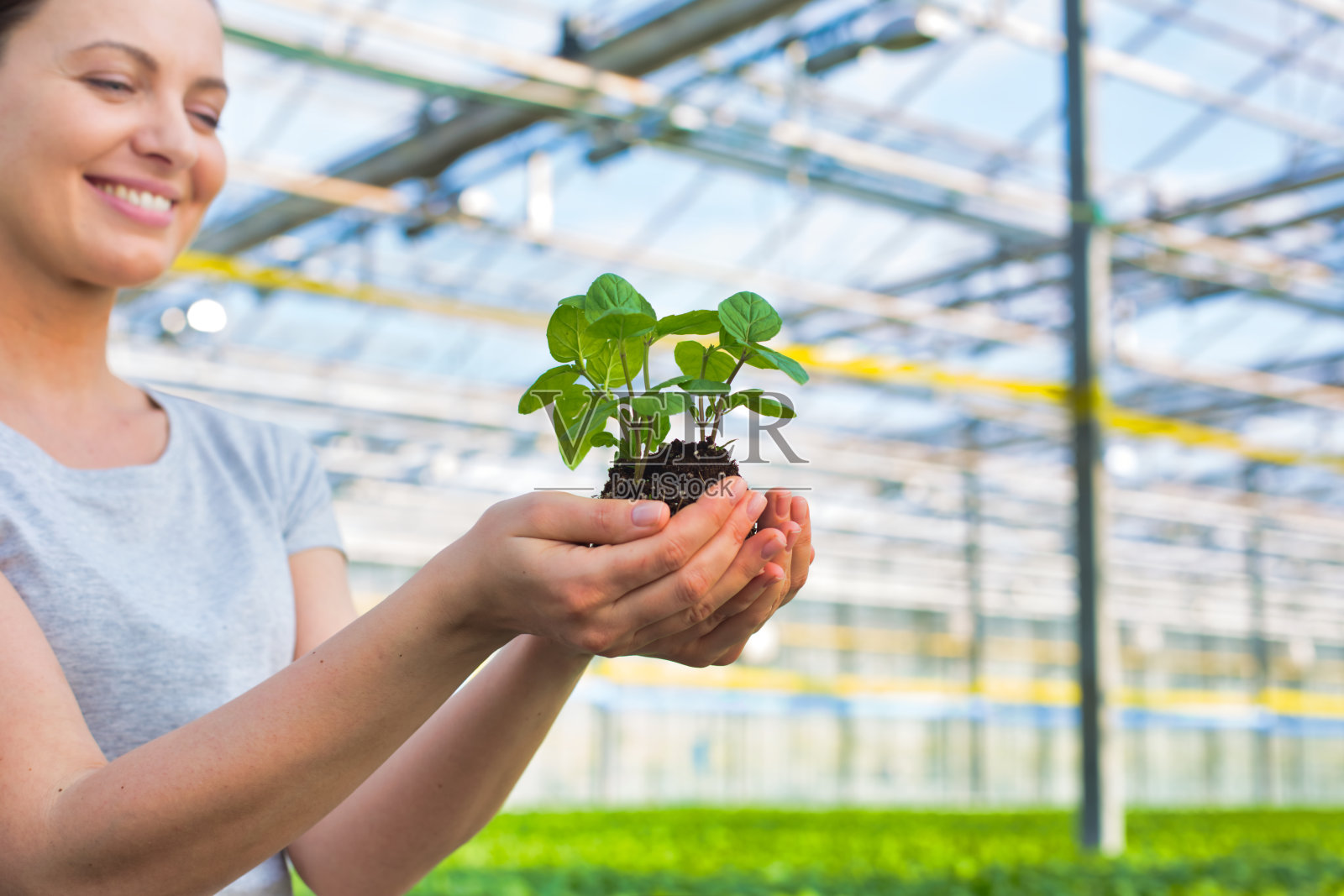 微笑的女植物学家在苗圃里抱着幼苗照片摄影图片