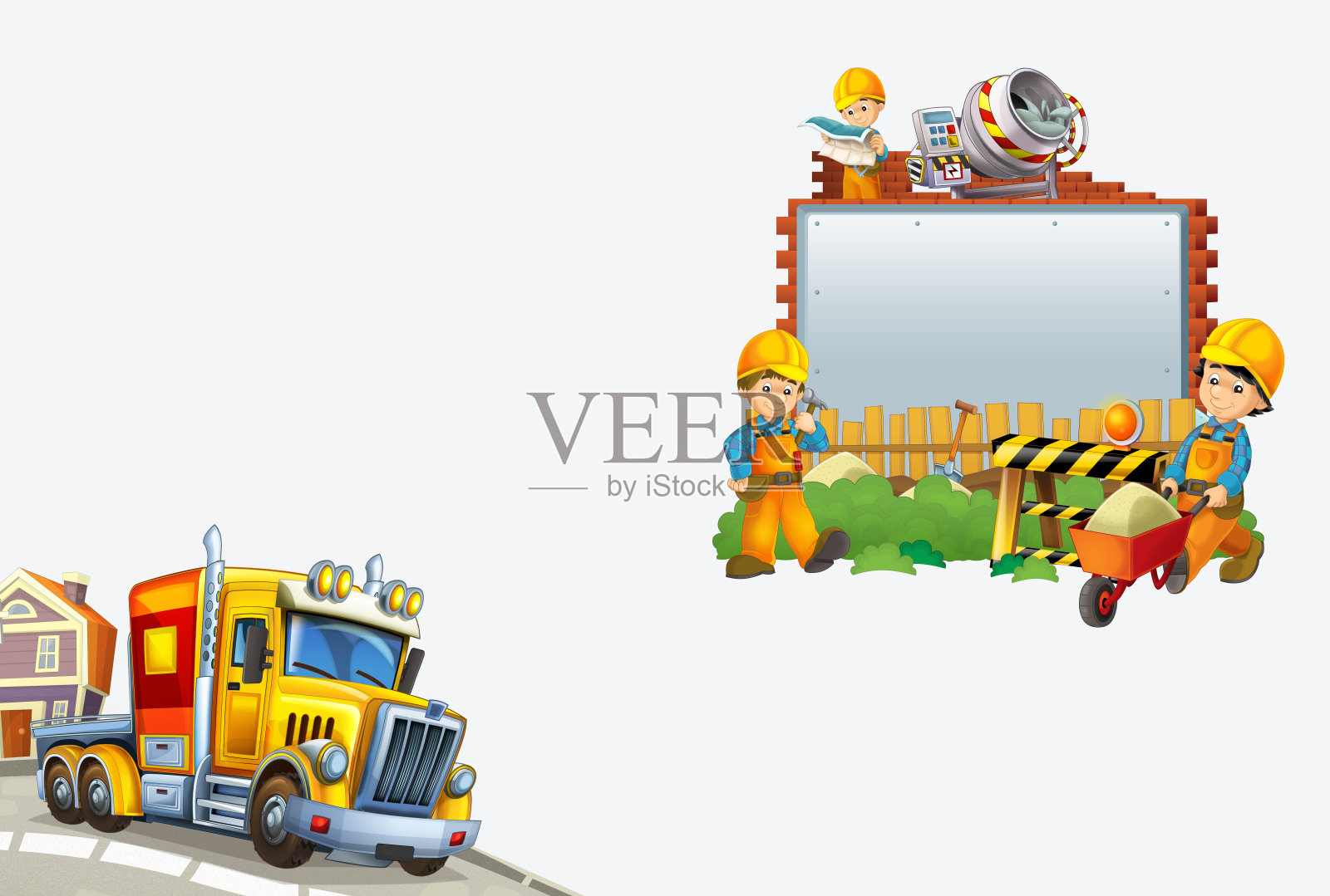 卡通货车在街道上的城市与标题页插画图片素材