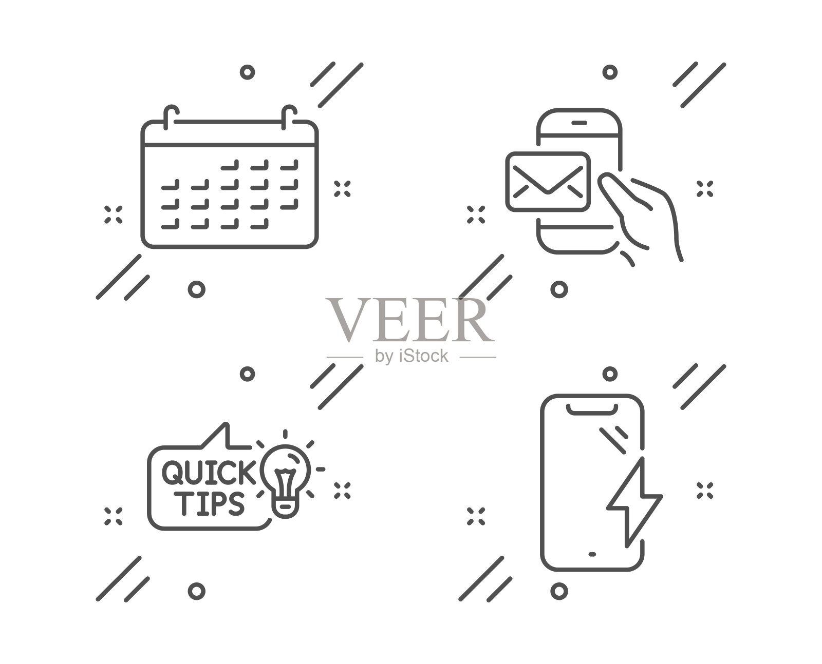 信使邮件，日历和教育理念图标集。智能手机充电标志。向量图标素材