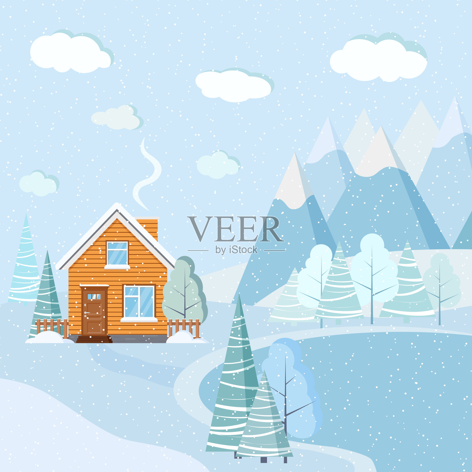 平面设计美丽的雪景圣诞冬季湖泊景观，景色有山、云、树、云杉、乡村小屋设计元素图片