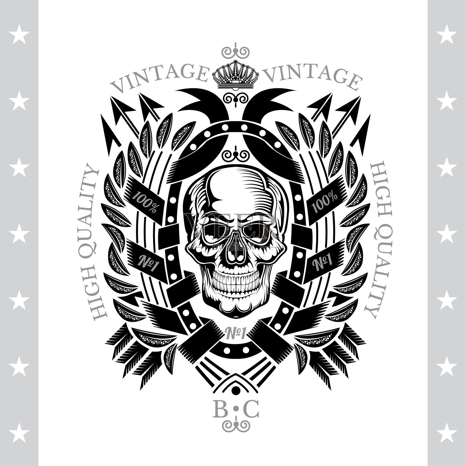 头骨前视图与下颚在中心椭圆形框架之间的花环和十字箭头。纹章复古标签上的白色设计元素图片