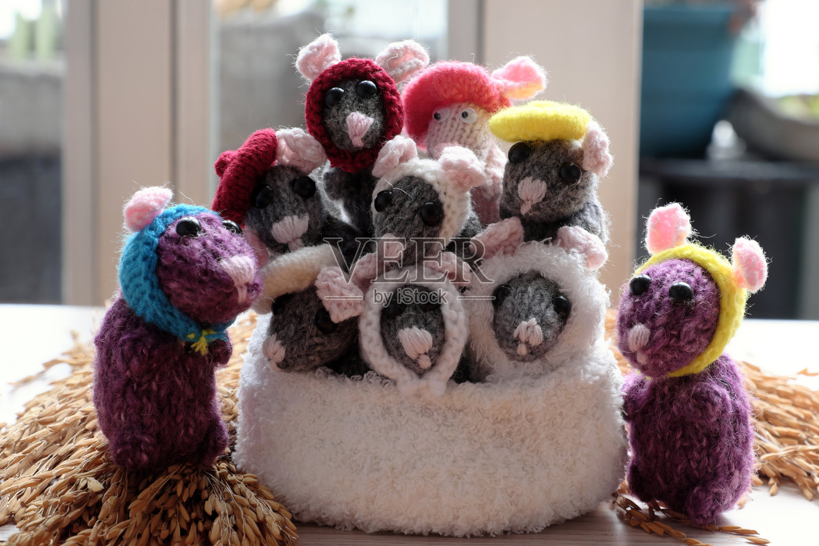 灰老鼠，小老鼠和一捆黄稻子照片摄影图片