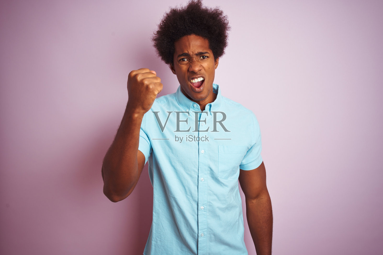 年轻的美国人与非洲式头发穿着蓝色衬衫站在孤立的粉红色背景愤怒和疯狂举起拳头沮丧和愤怒，而大喊与愤怒。愤怒和侵略性的概念。照片摄影图片