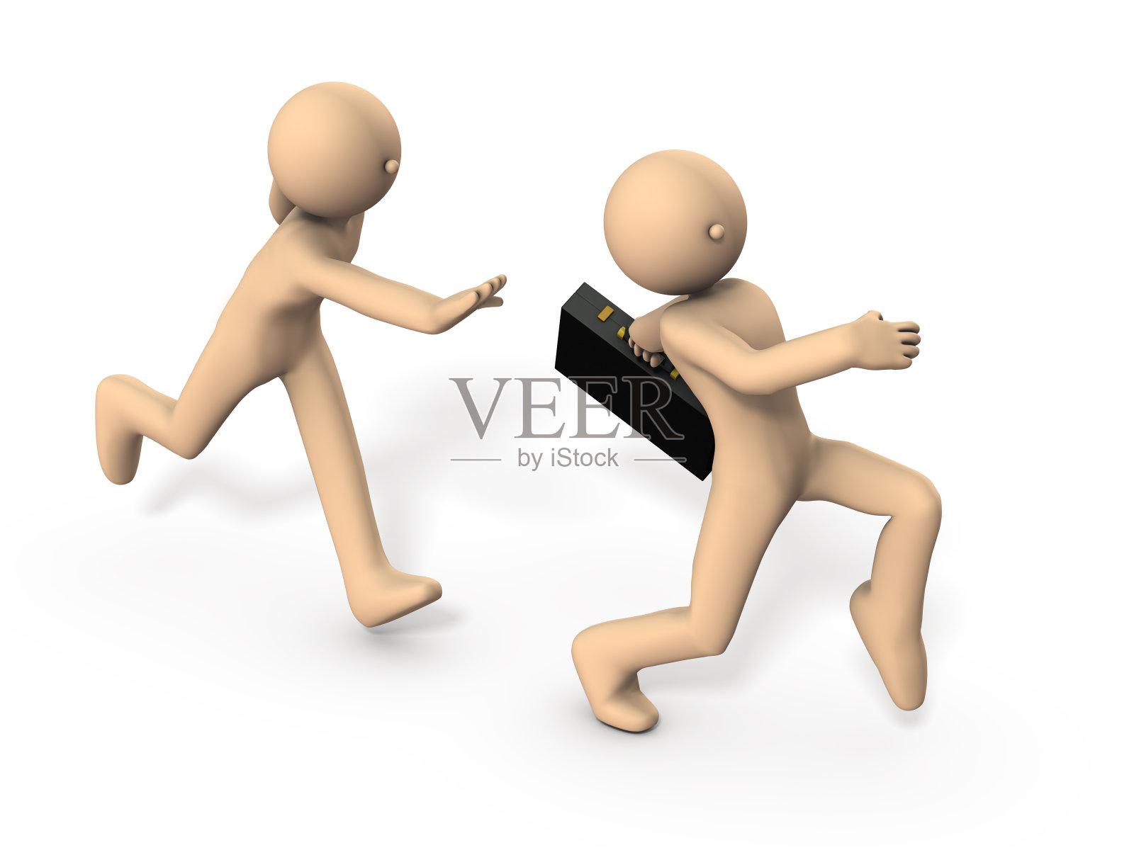 那个商人跑了。另一个人在后面追他。白色背景。3 d演示。照片摄影图片