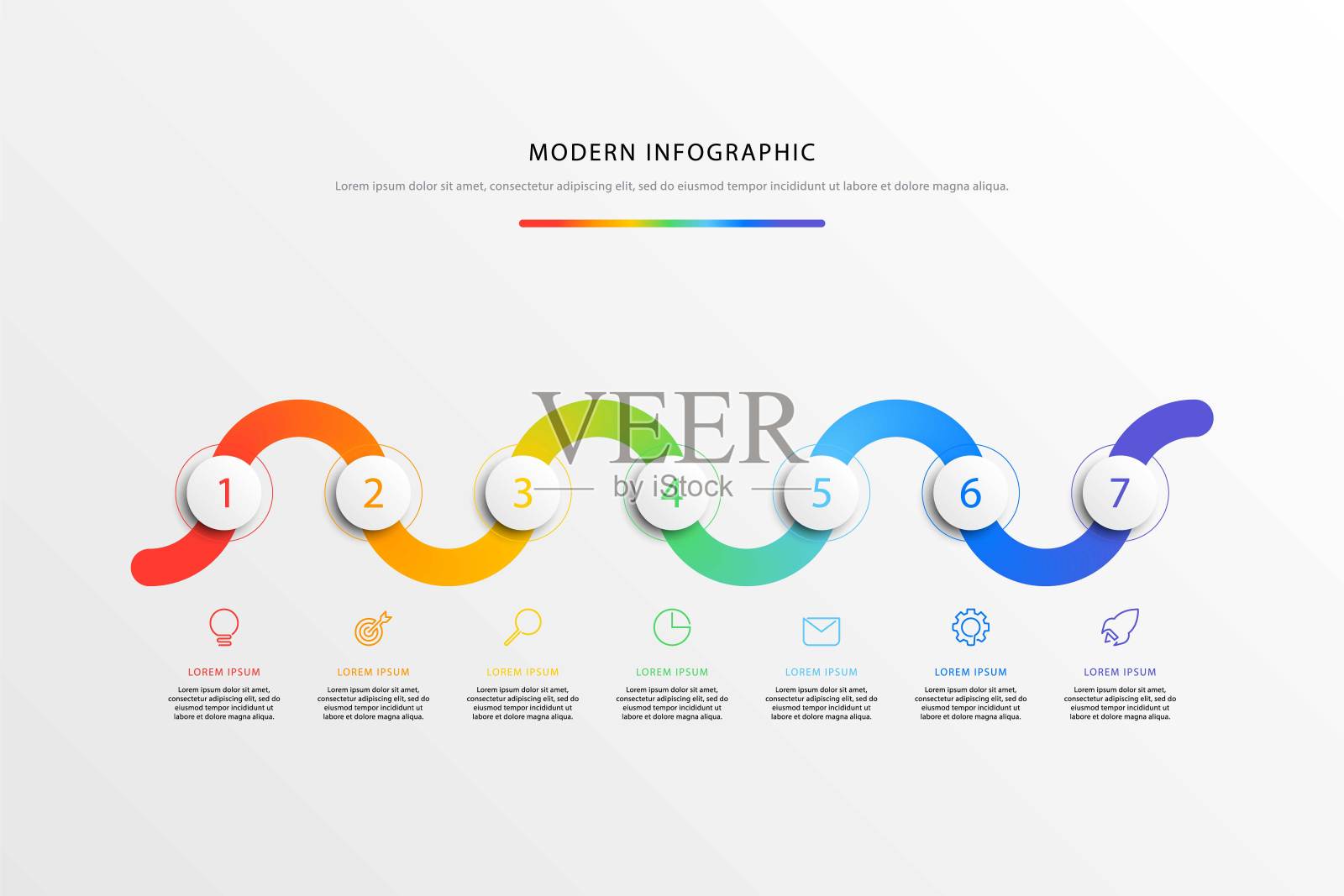 带有7个逼真的3d圆形元素的业务时间线工作流信息图。现代企业报告模板与平线营销图标。矢量幻灯片演示设计。每股收益10插画图片素材