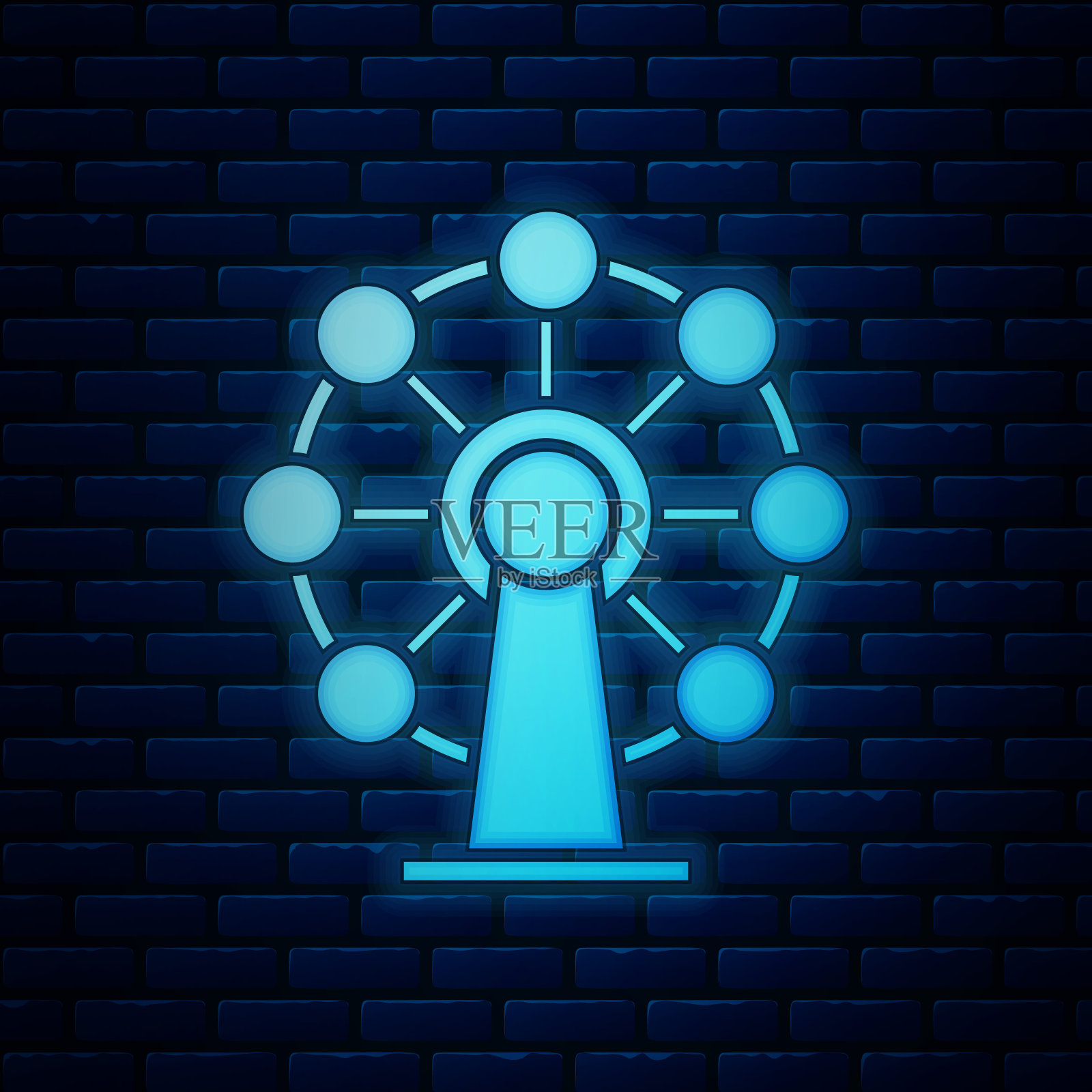 霓虹灯摩天轮图标孤立在砖墙背景上。游乐园。儿童娱乐游乐场、游憩公园。矢量图插画图片素材