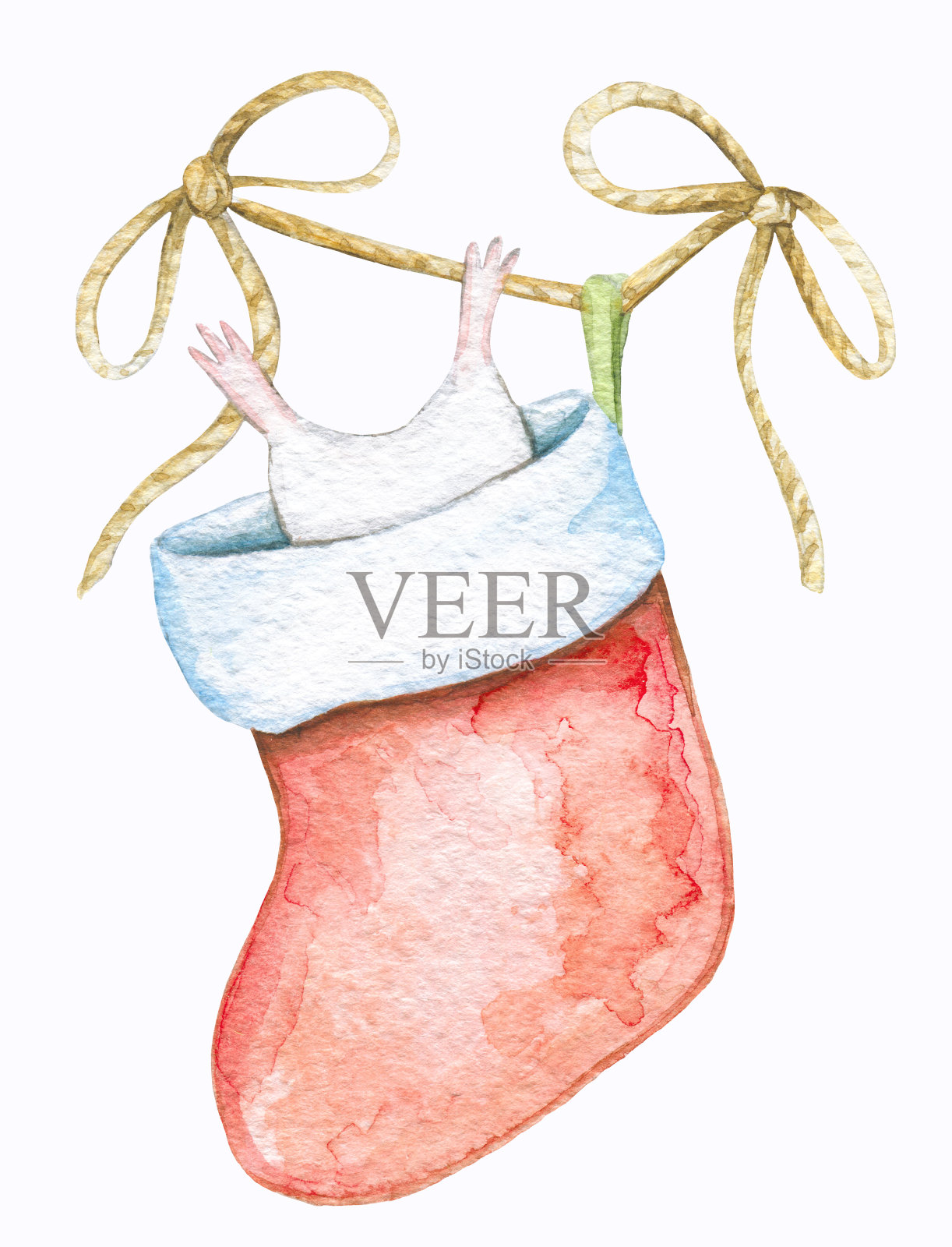 圣诞袜子里的水彩小白鼠插画图片素材