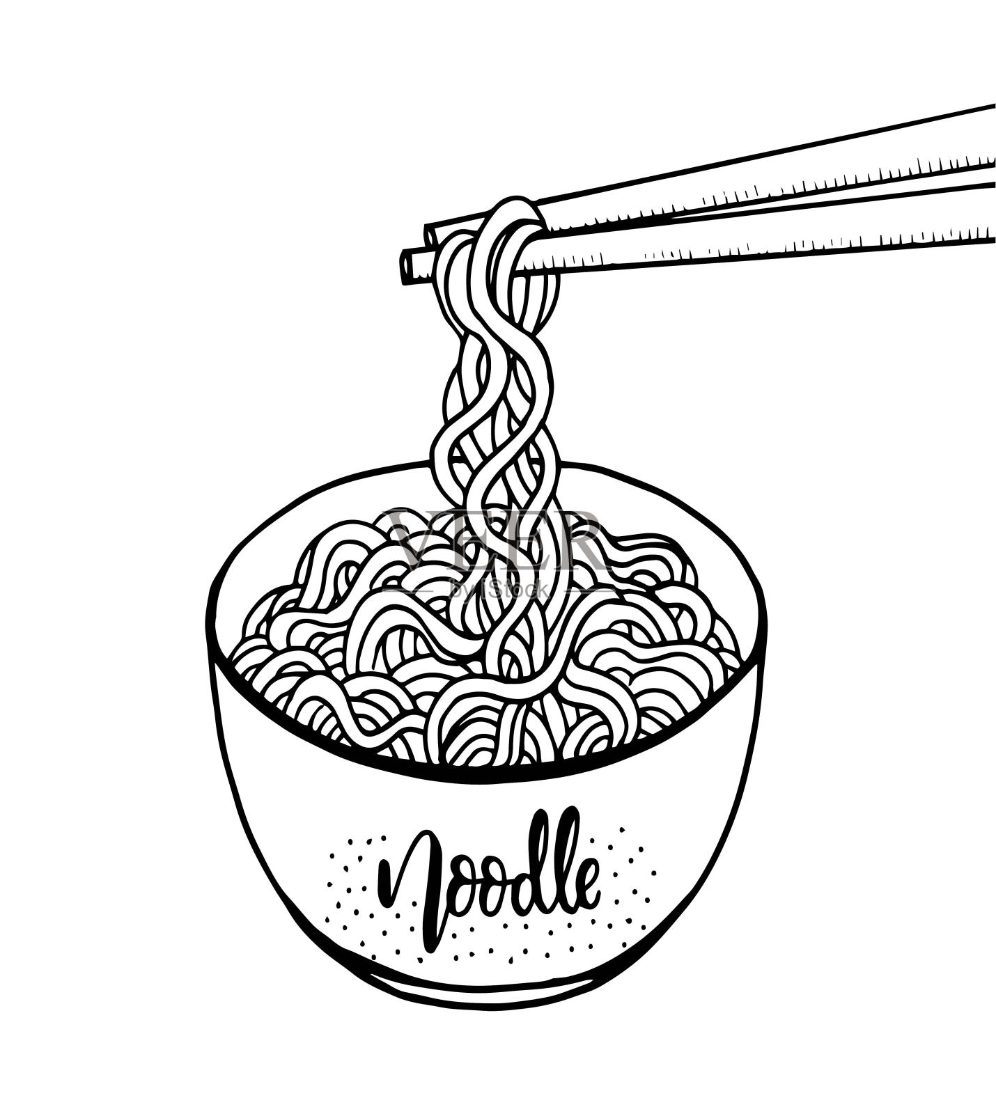 手绘面条在碗和粘股票插图插画图片素材