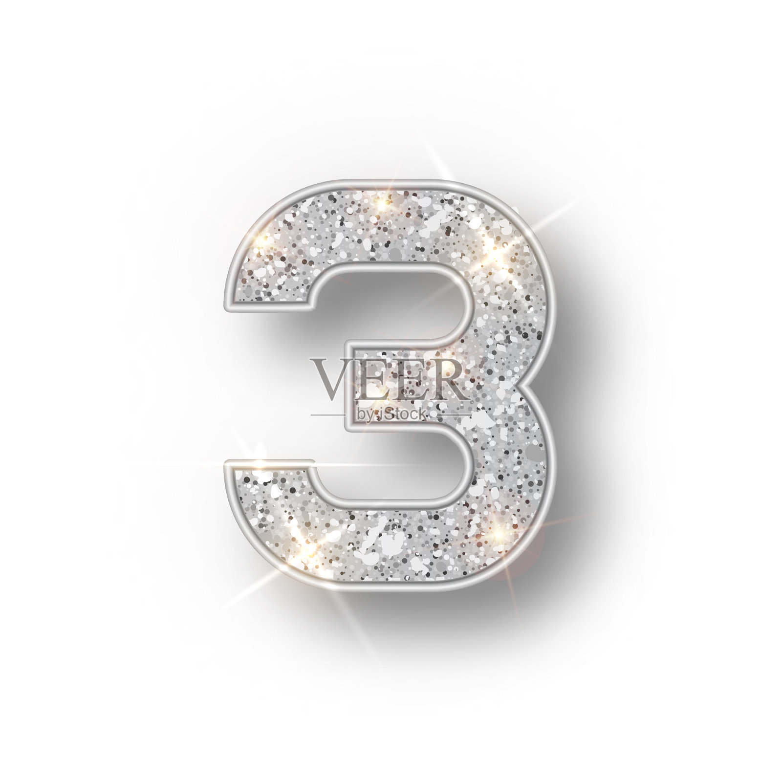 银光字母数字3与阴影。矢量现实闪闪发光的银色字体三号在白色背景上闪闪发光。用于装饰可爱的婚礼，周年纪念，派对，标签，标题，海报，贴纸插画图片素材