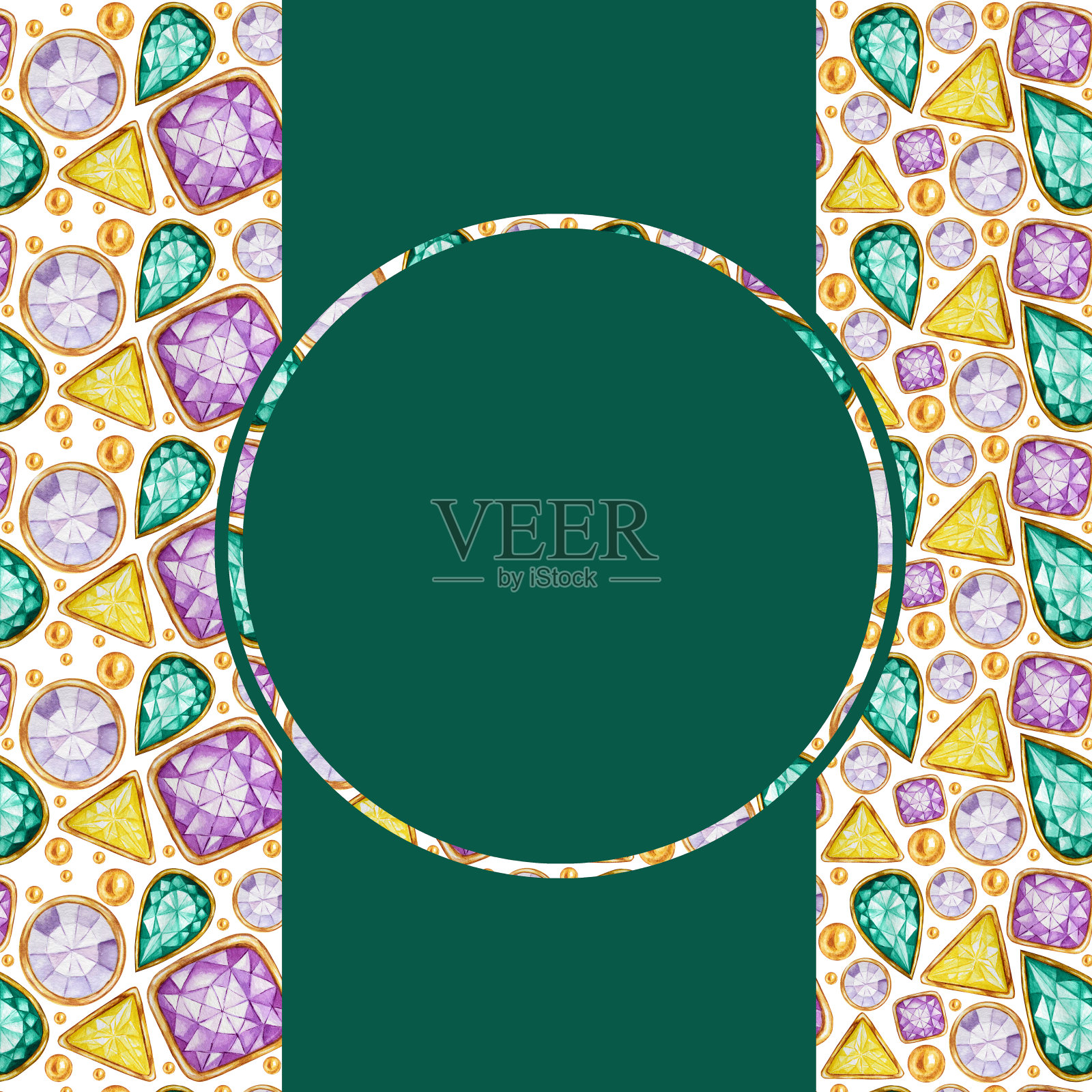 贺卡与文本复制空间在白色圆形框架上的水晶在一个金色框架图案背景。手绘鲜艳的颜色，水彩宝石钻石。插画图片素材