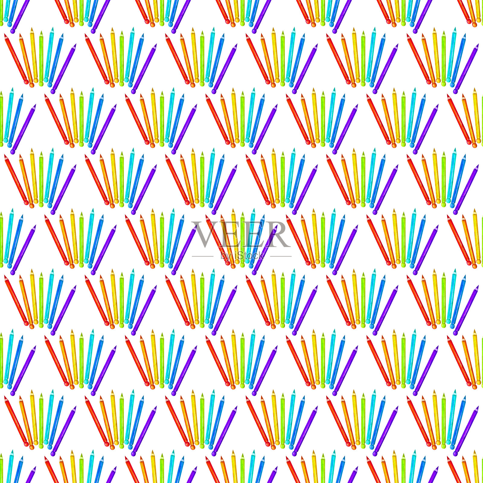无缝模式与彩色铅笔在水彩。以白色为背景的学校主题。设计纺织品，纸张，壁纸，包装，横幅，明信片，请帖，织物。画的手。插画图片素材