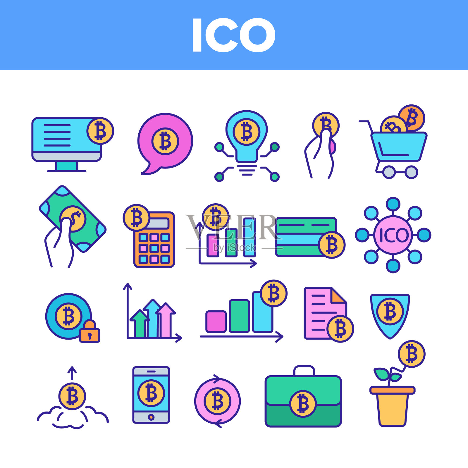 ICO，比特币矢量细线图标设置插画图片素材