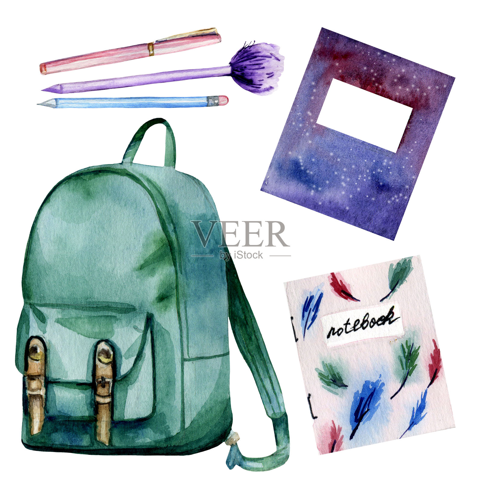 水彩手绘写实的一套学校用品插画图片素材