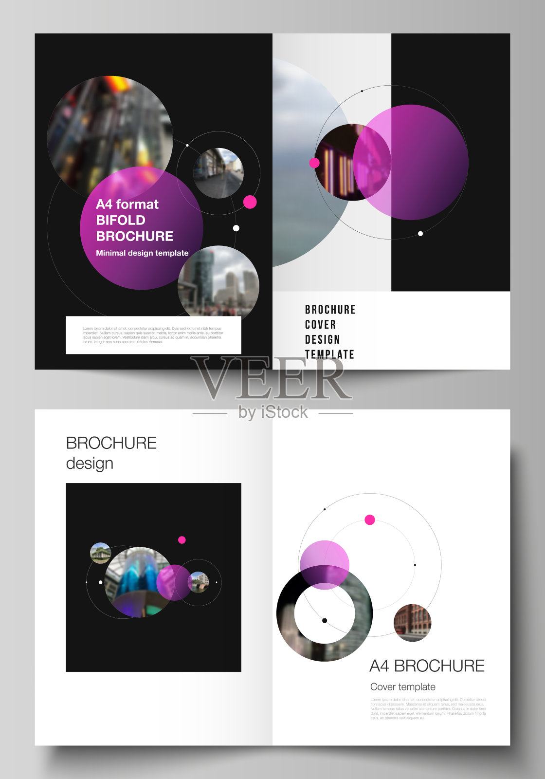 矢量布局的两个A4格式现代封面模型设计模板的双重小册子，传单，小册子。简单的设计，未来的概念。创造性的背景与圆圈形成行星和恒星设计模板素材
