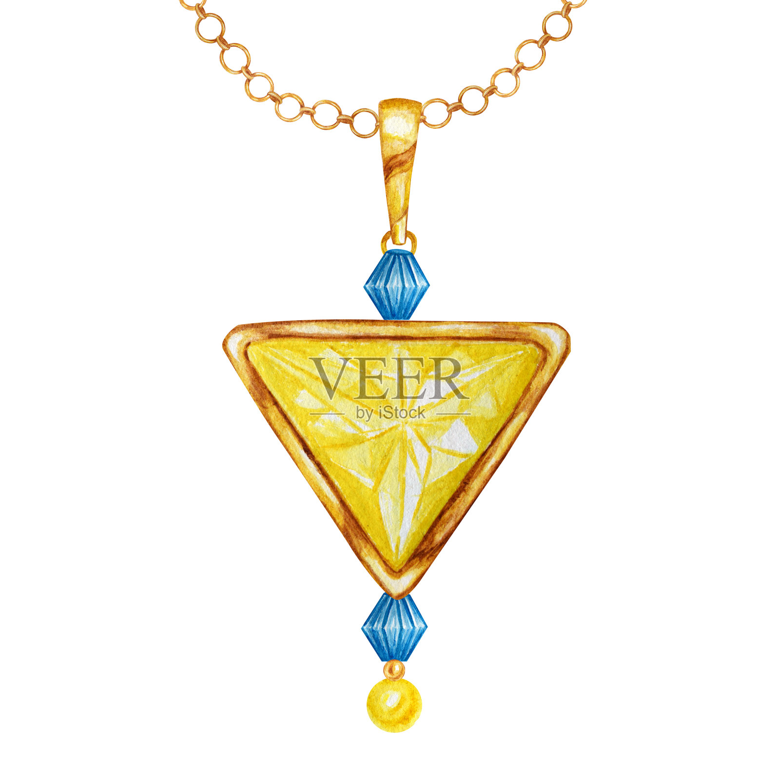美丽的珠宝。黄色三角水晶和蓝色宝石与黄金元素。水彩画吊坠与水晶上的金色链子在白色的背景。插画图片素材