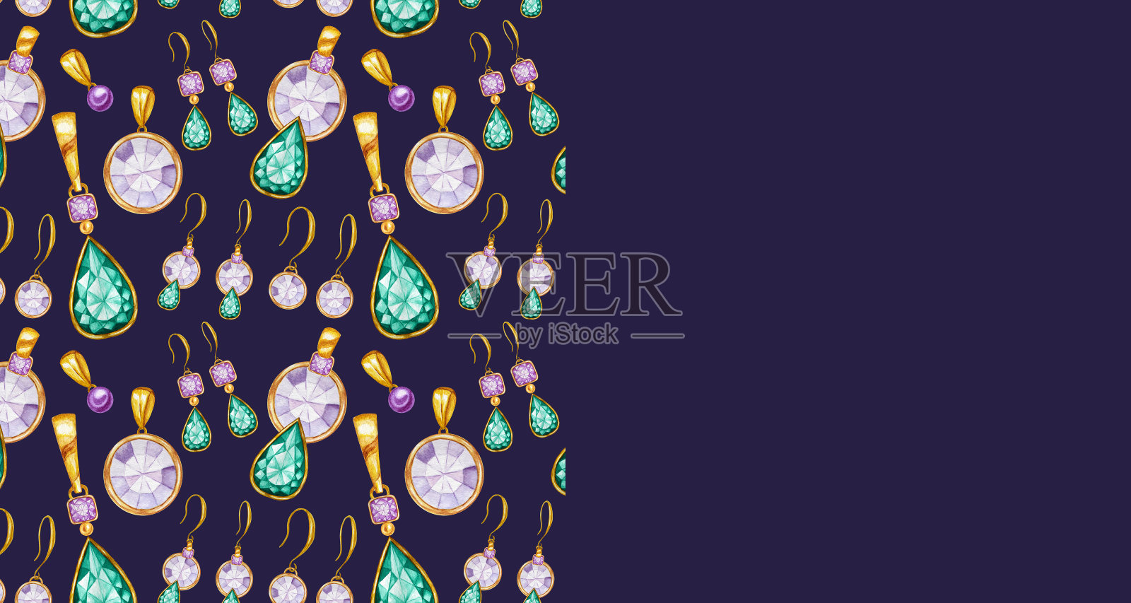 贺卡或名片概念与复制空间的文本。水晶在一个黄金框架图案背景。手绘鲜艳的颜色，水彩宝石钻石。插画图片素材