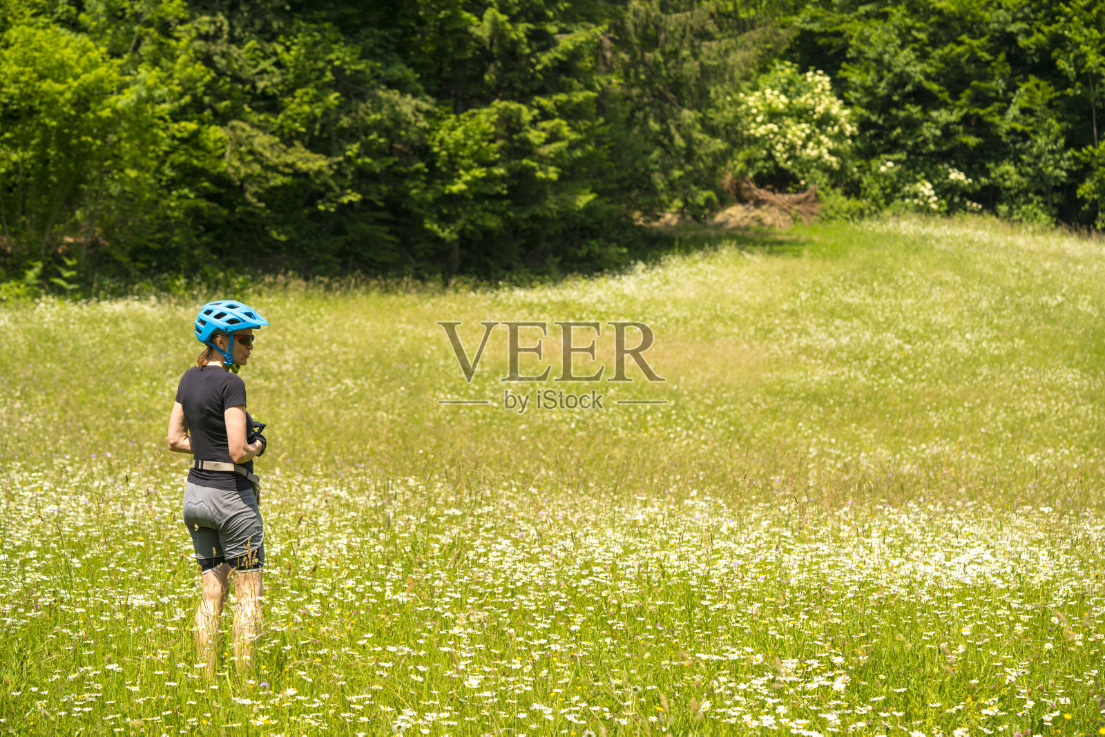 老女人戴着自行车头盔在草地上有很多花照片摄影图片
