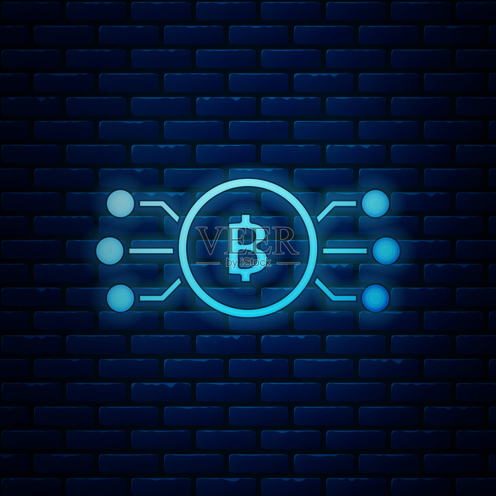 加密货币比特币在圆圈中，微芯片电路图标隔离在砖墙背景上。区块链技术，数字货币市场。矢量图插画图片素材