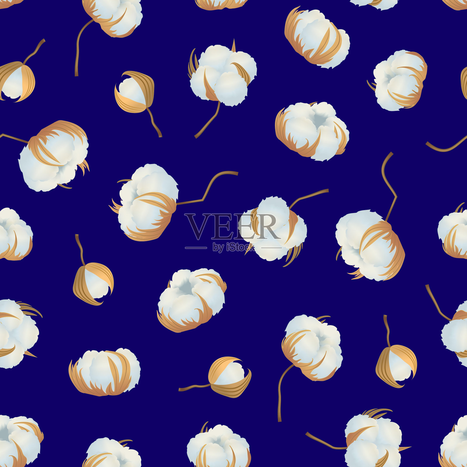 逼真详细的3d棉花花天然材料无缝图案背景。向量插画图片素材