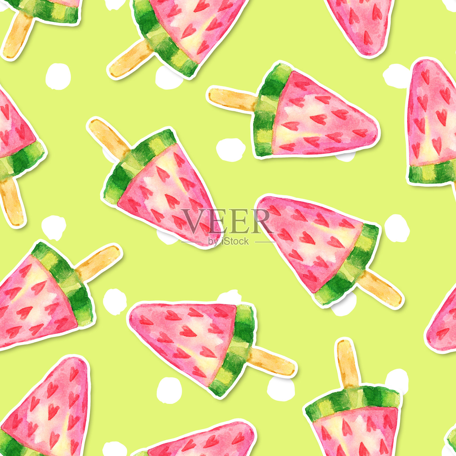 无缝图案用水彩贴纸粘在冰淇淋上。插画图片素材