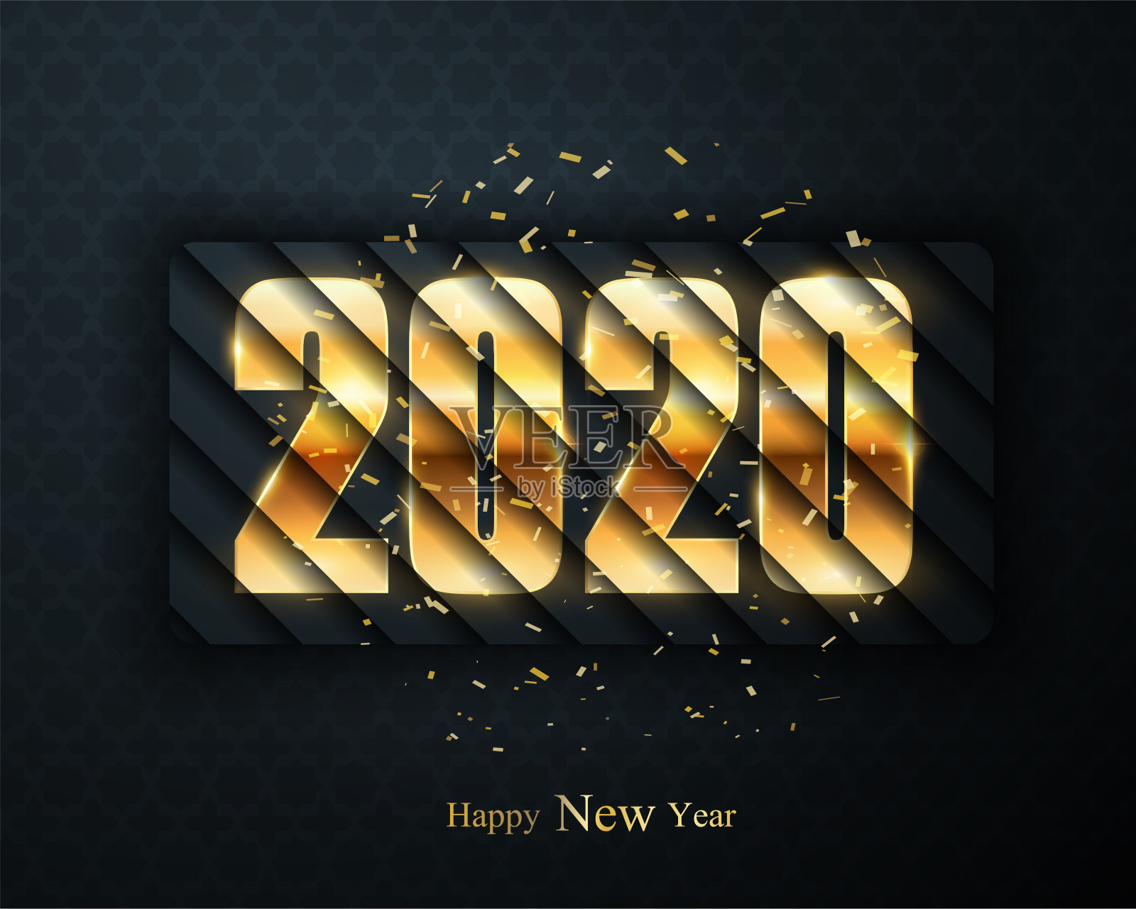 金色的2020数字和闪闪发光的五彩纸屑孤立在黑色上。2020年新年黄金数字。圣诞节和新年的最小邀请设计。冬季假期装饰矢量插图插画图片素材
