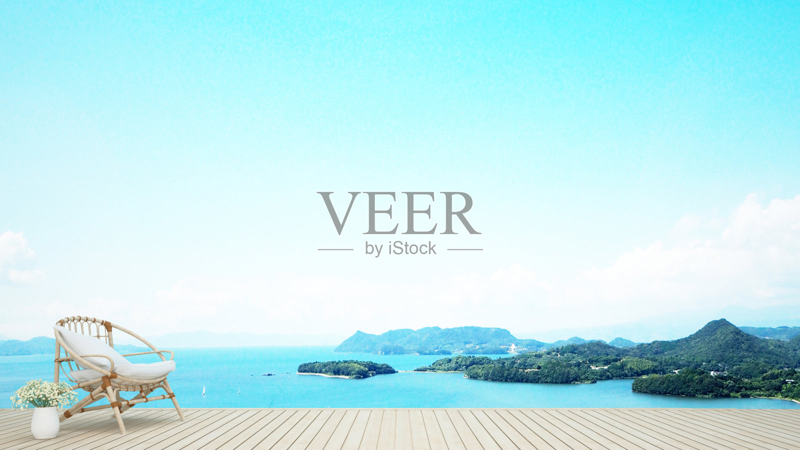 酒店木质露台上的扶手椅和白花带岛景和海景-木质阳台上的起居区带海景-度假或度假和夏季艺术品- 3D渲染照片摄影图片