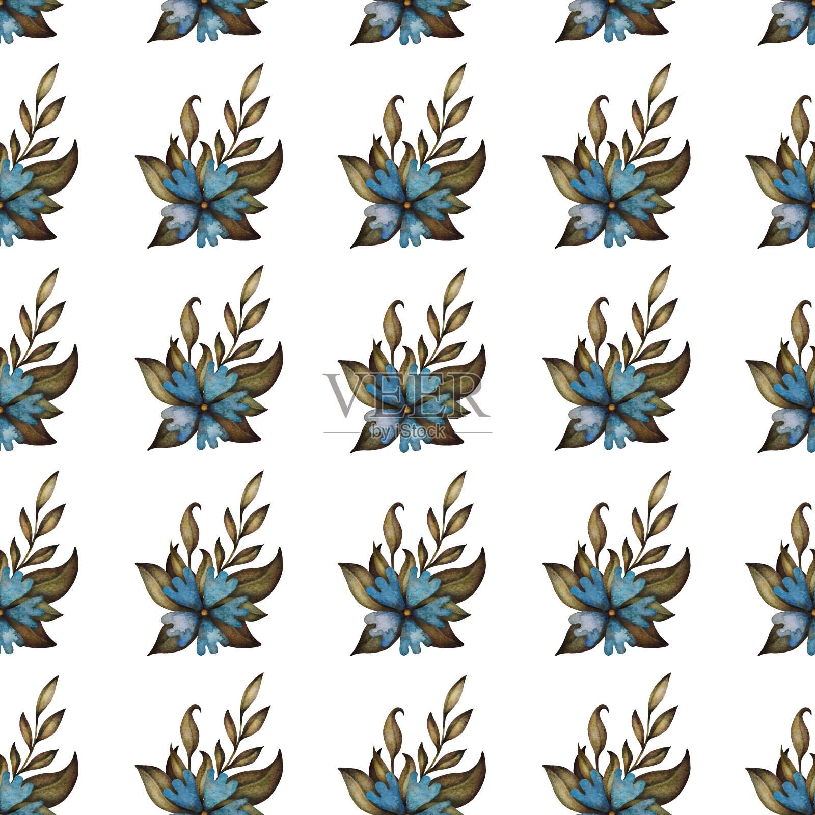 无缝水彩图案与童话复古的花，树枝和树叶。插画图片素材