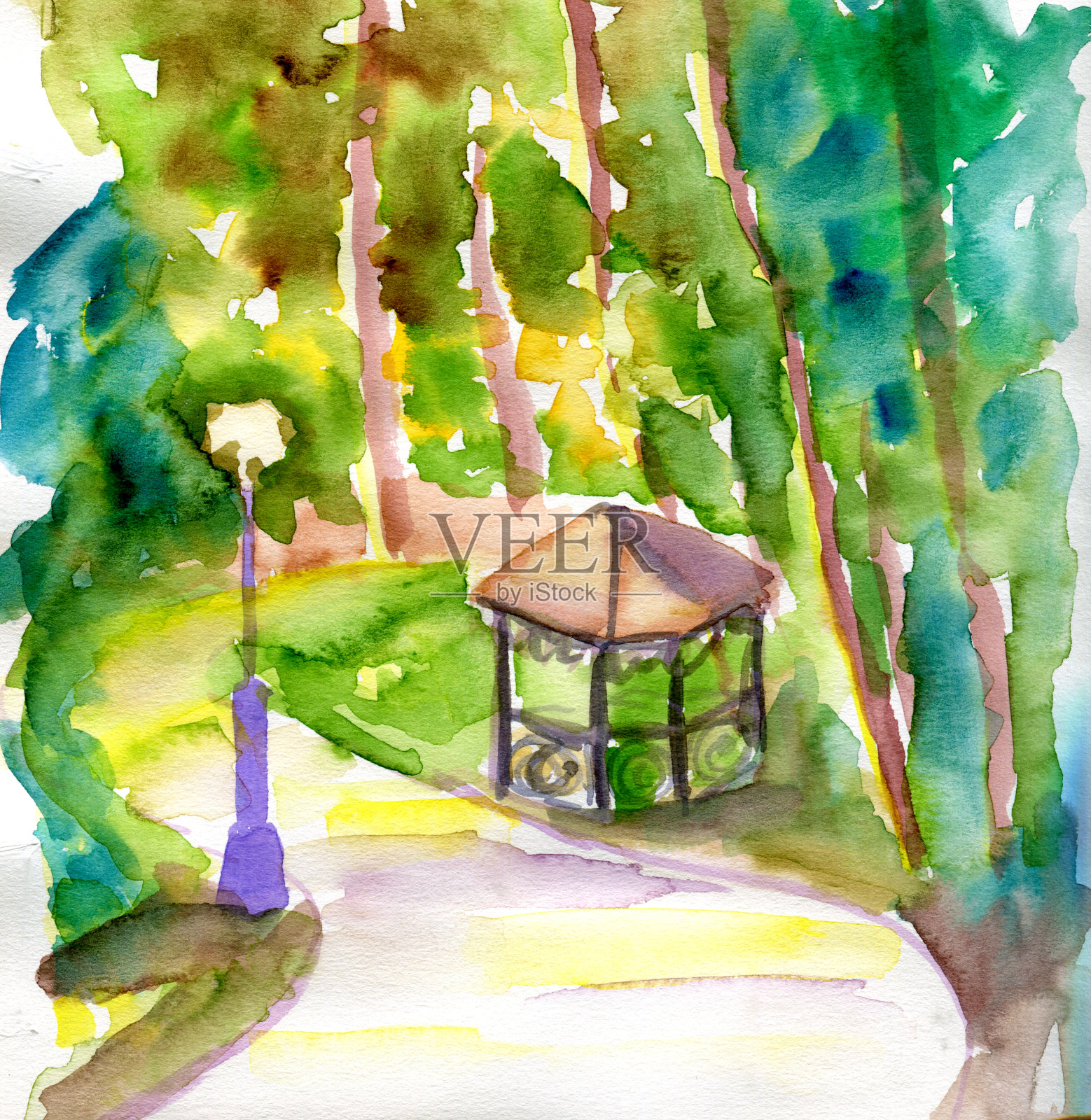 水彩画山水亭在森林附近的河流。手绘插图在纸上插画图片素材