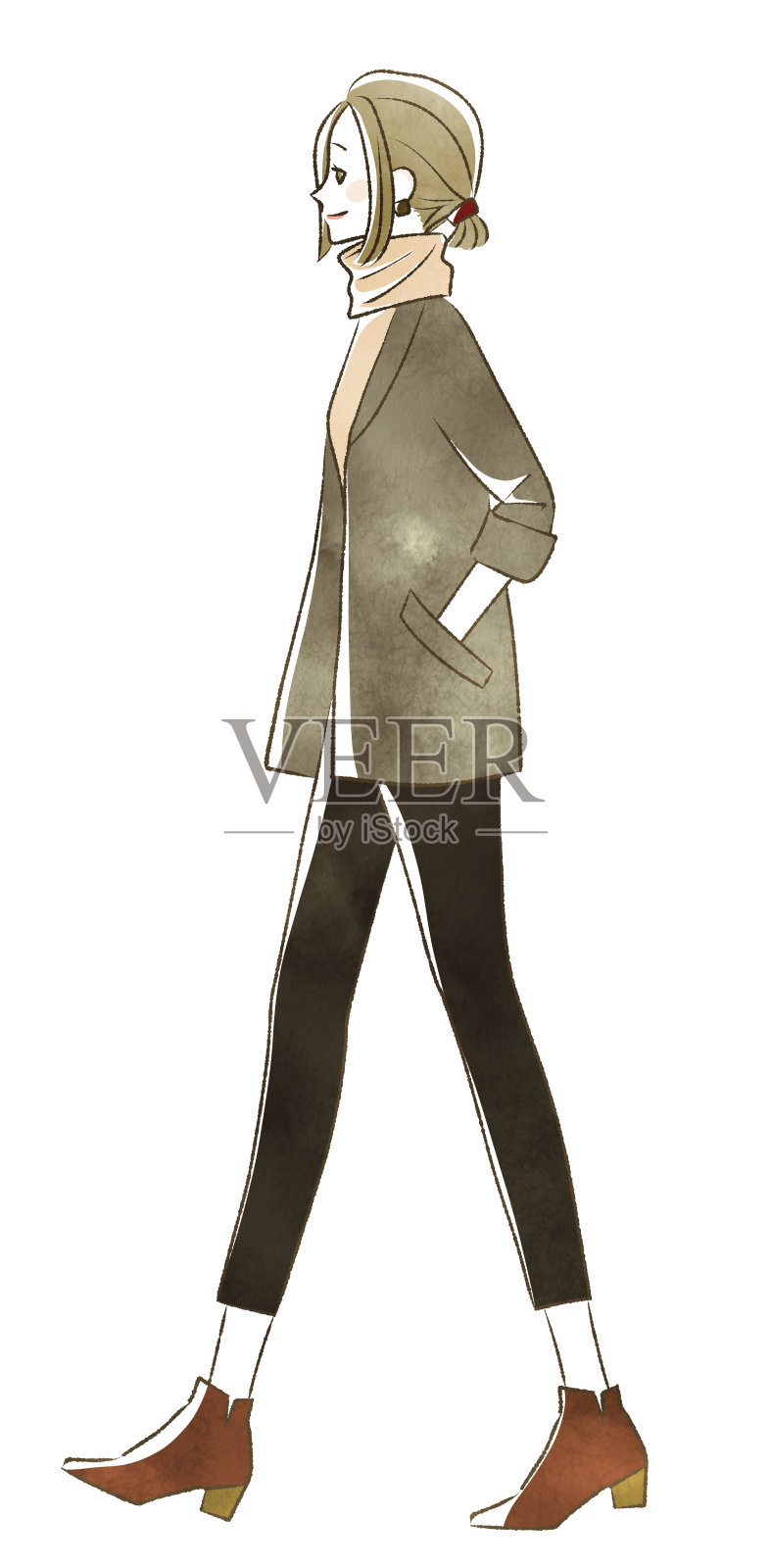微笑着行走的女人插画图片素材
