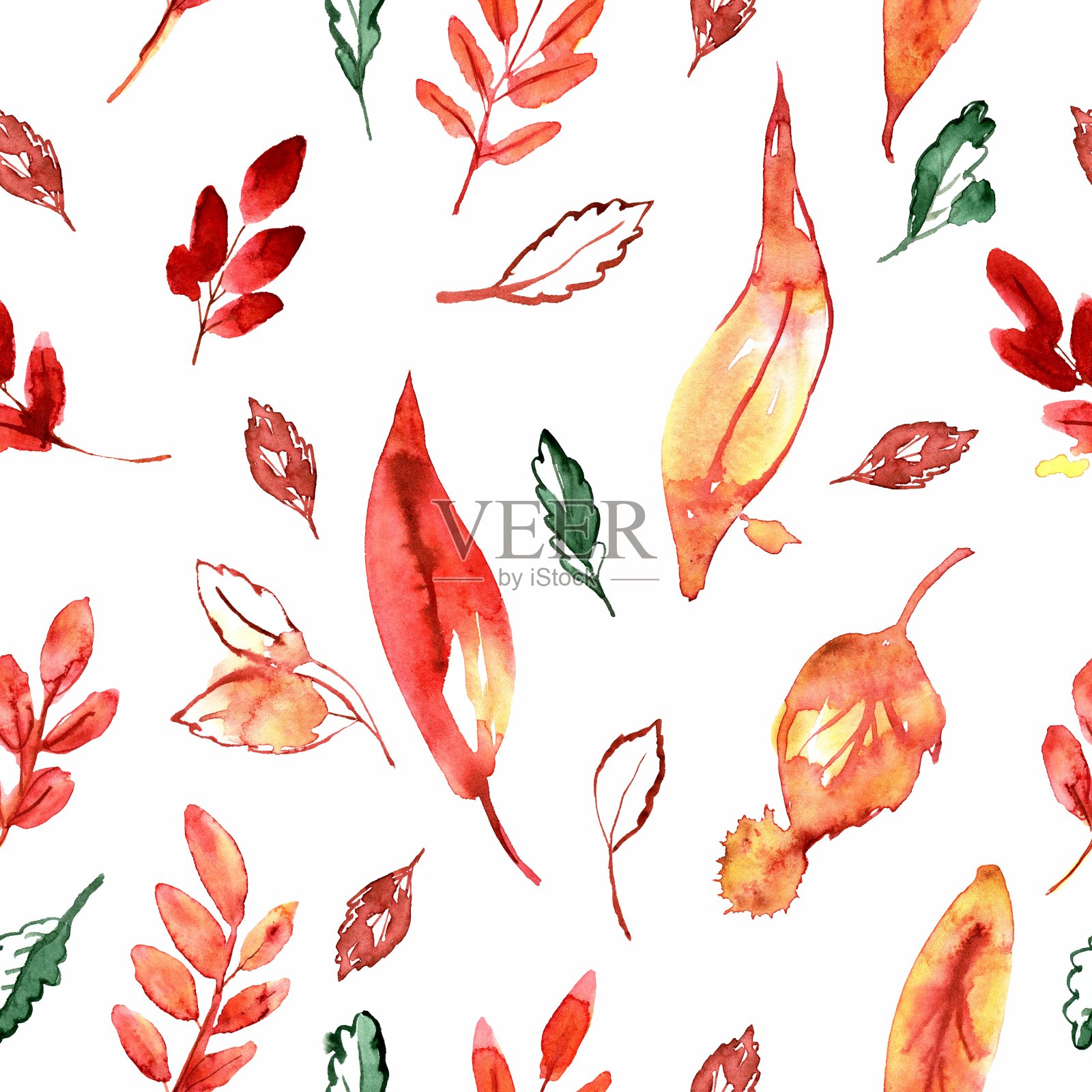 水彩手绘无缝图案与红色和黄色的秋叶插画图片素材