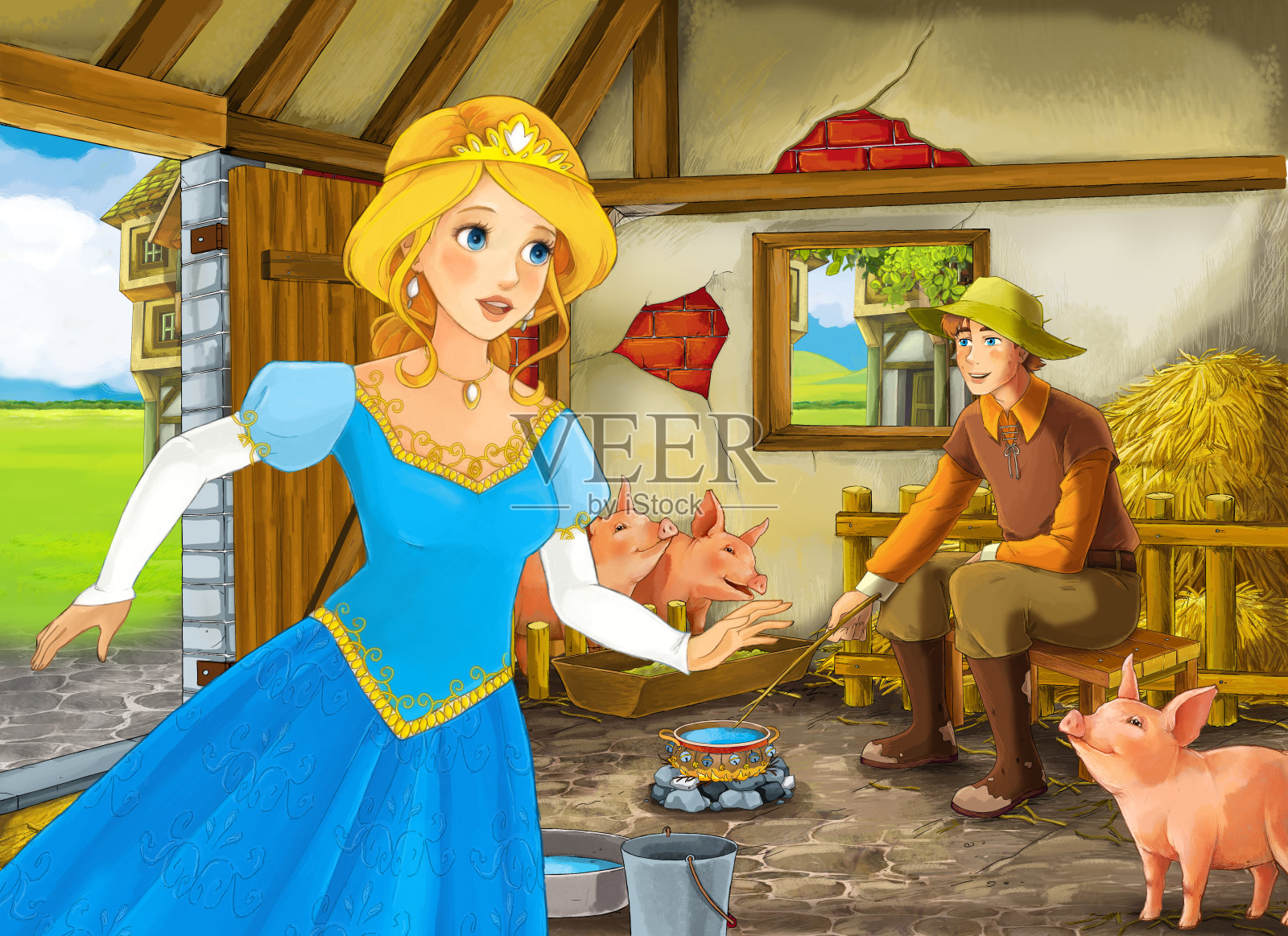 公主和农场主在猪圈里的卡通场景插画图片素材