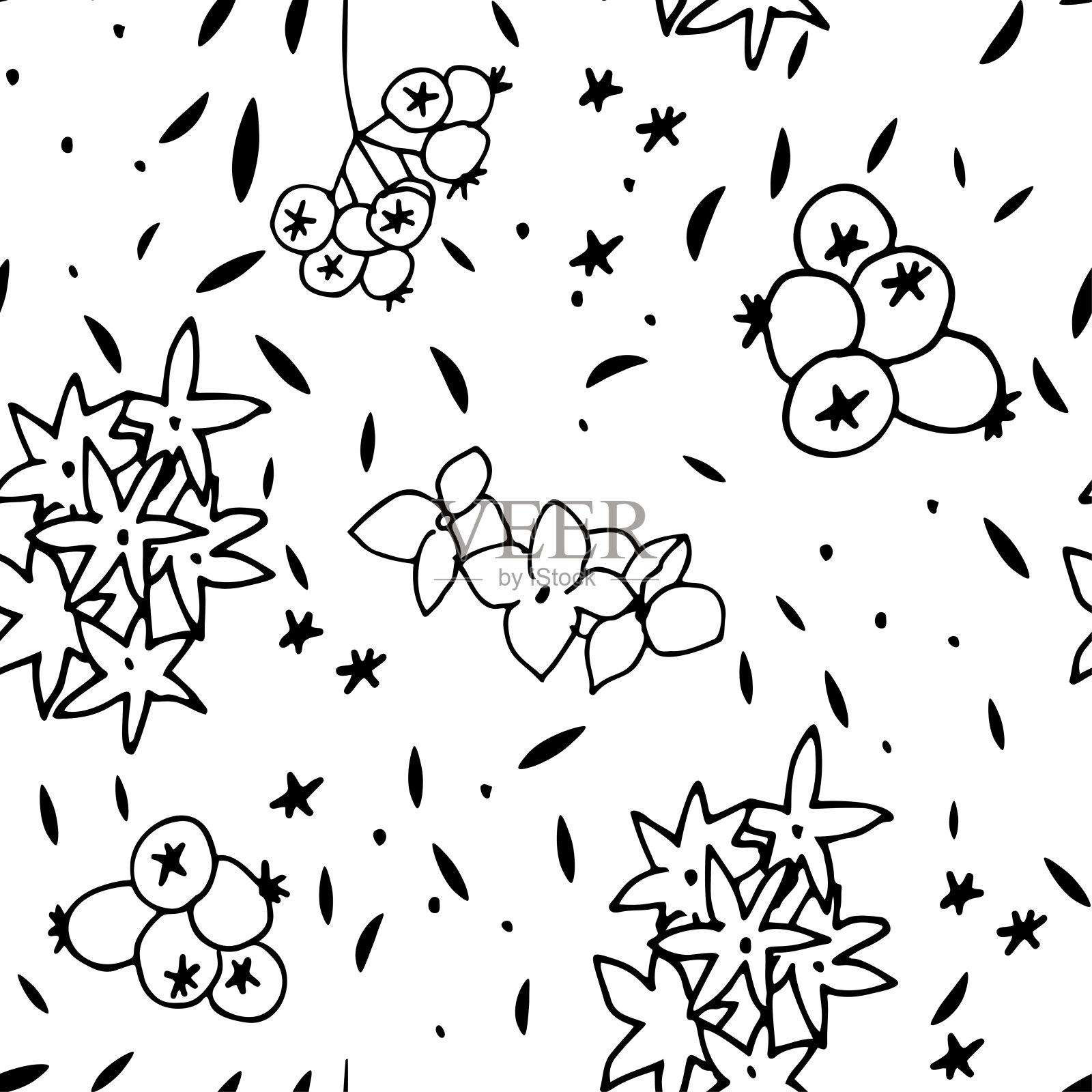 花矢量无缝模式与花，叶子和浆果。漂亮的手绘花朵，颜色柔和，复古风格。插画图片素材